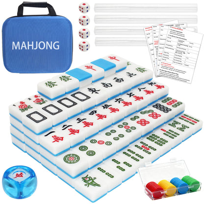 American Mahjong Game Set,Mahjong Set,Complete Mahjong Tile Set with 144 White Tiles (1.2’’),4 Tile rulers,4 dice,1 Bag,100 Chips,Instruction