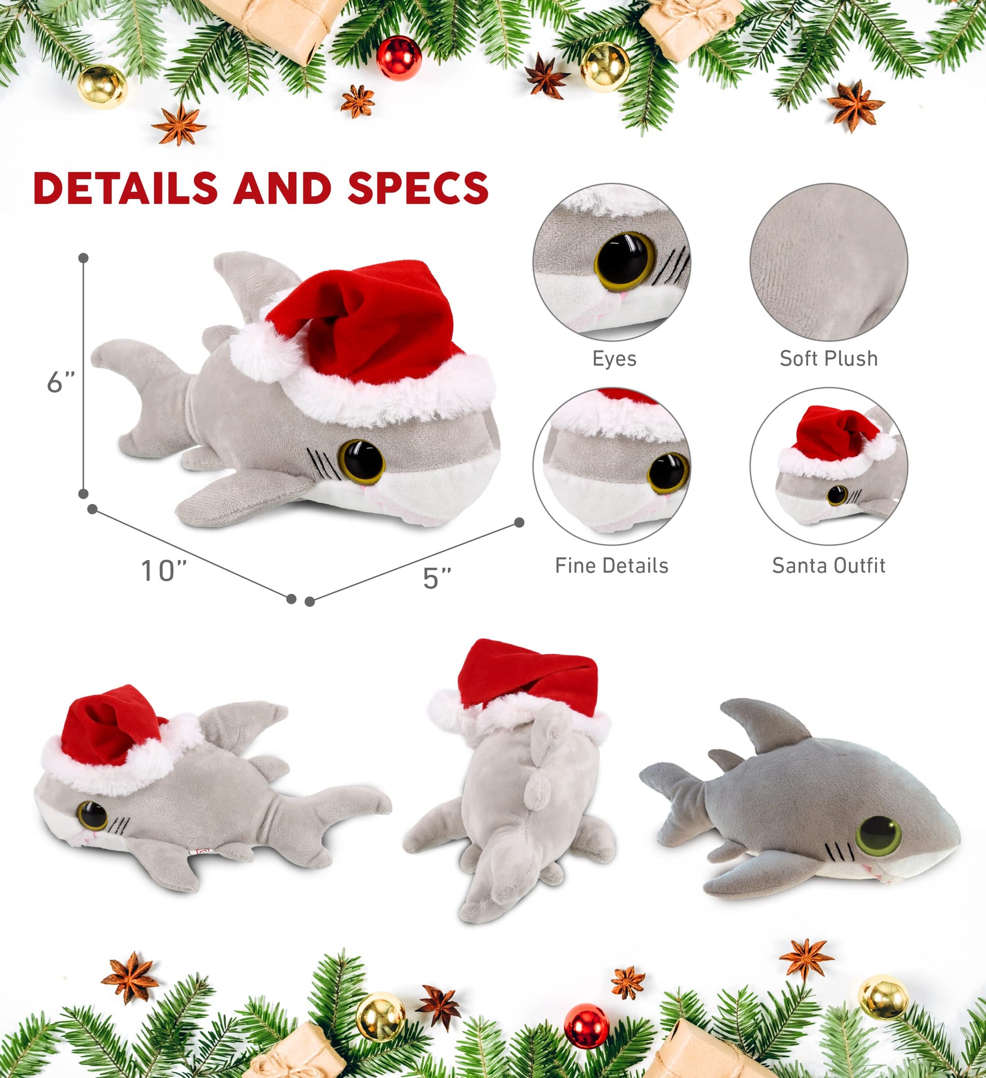 DolliBu Santa Big Eye Shark Stuffed Animal Plush Toy - Soft Ocean Life Animal Dress Up with Red Santa Claus Outfit, with Name Personalization - 6 Inch