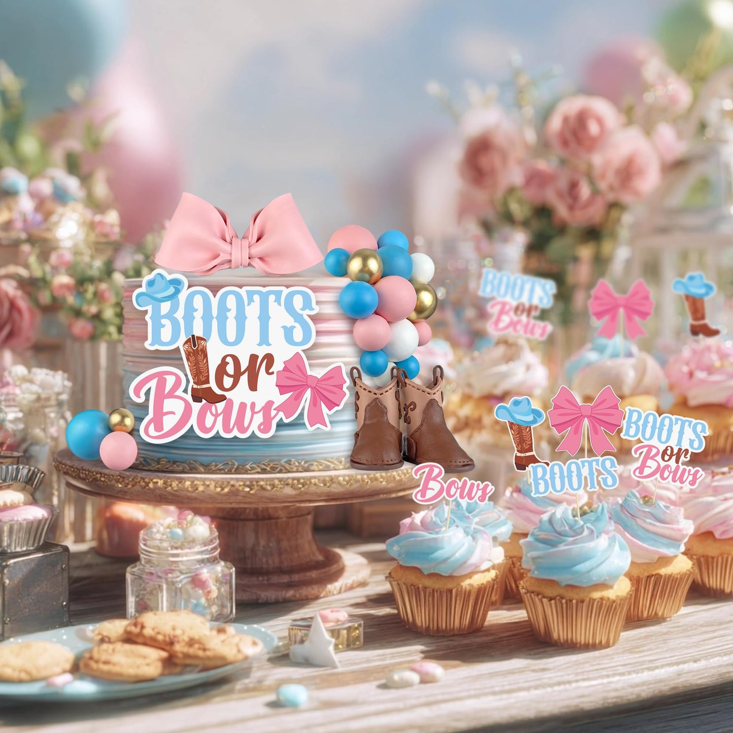 34PCS Boots or Bows Gender Reveal Cake Decorations for Baby Shower Party Gender Reveal Theme Cake Decorations