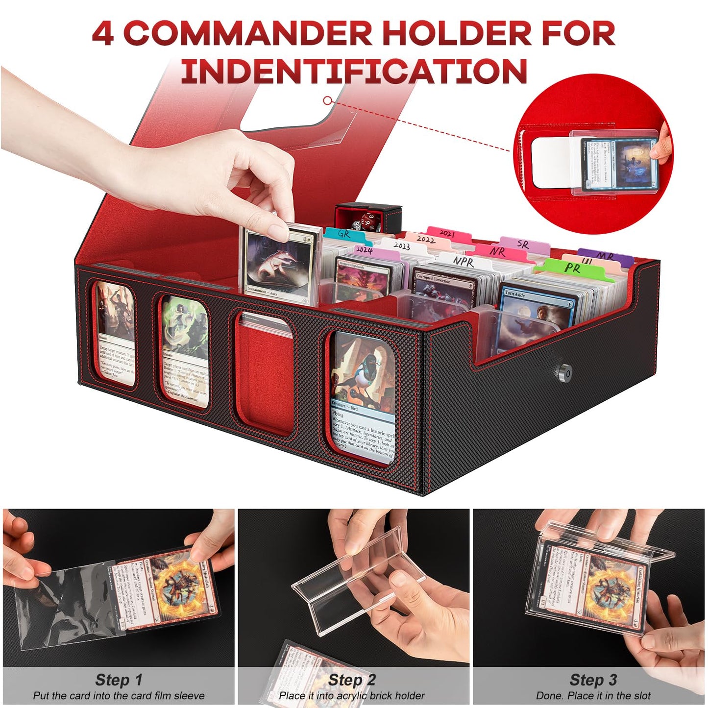 Gomyrod Card Storage Box 3200+ MTG Deck Box with 30 Colorful Divider, 4 Row Commander Trading Card Cases with Portable Handle & Display Windows, Fits