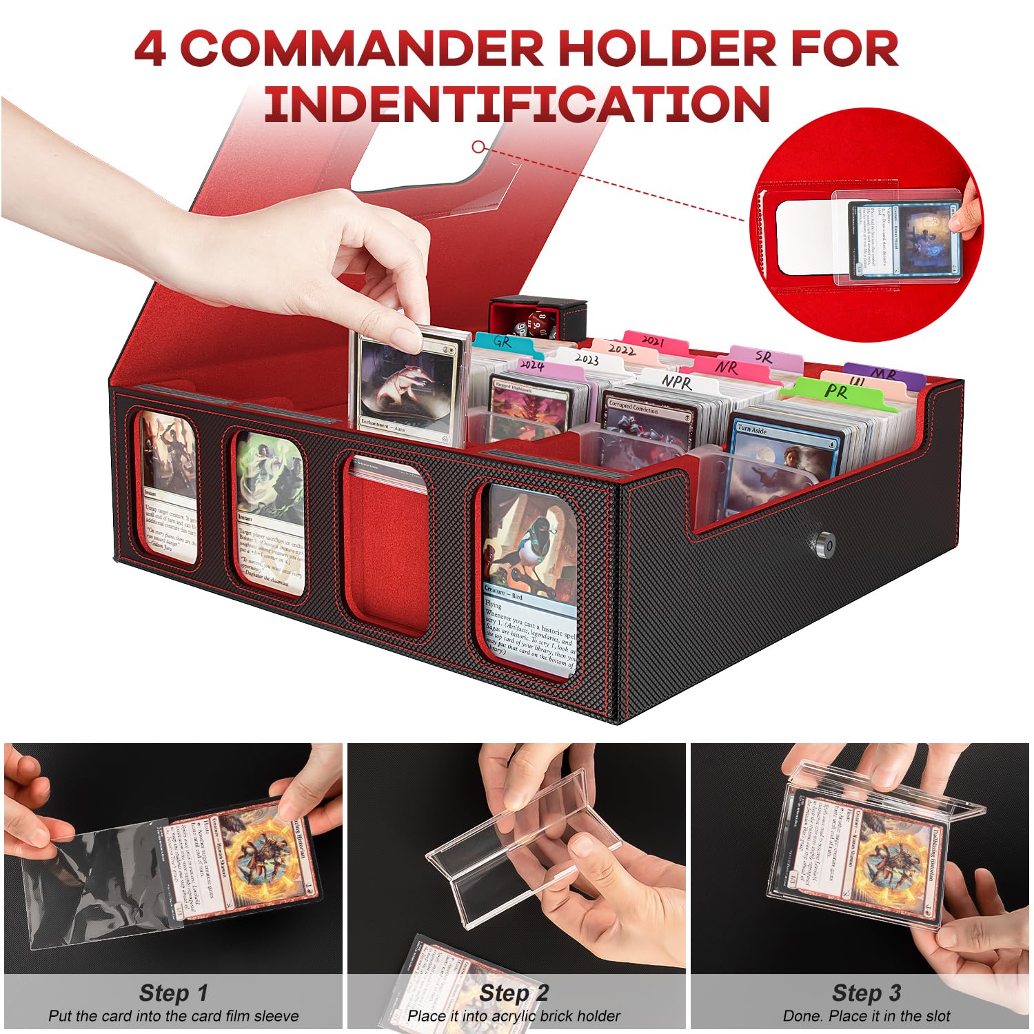 Gomyrod Card Storage Box 3200+ MTG Deck Box with 30 Colorful Divider, 4 Row Commander Trading Card Cases with Portable Handle & Display Windows, Fits