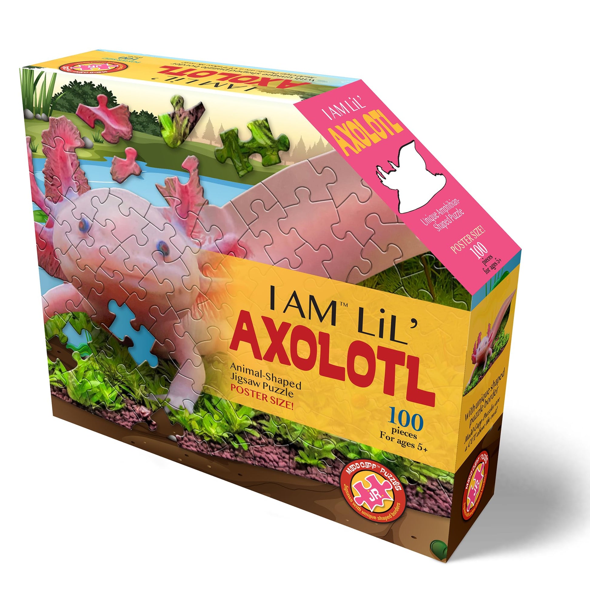 Madd CAPP: I Am Lil' Axolotl - 100 Piece Puzzle - Kids Animal-Shaped Jigsaw, 36" X 18" Finished Size, Poster Reference, Educational Fun Facts Booklet
