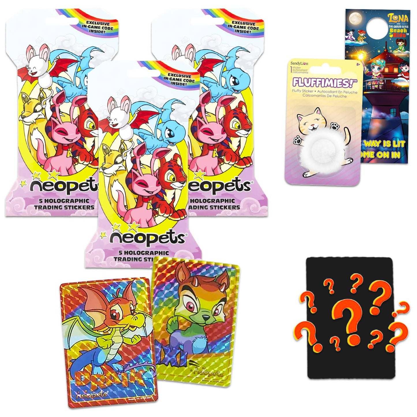 Neopets Holographic Sticker 3 Pack - Bundle with 3 Trading Card Blind Bags with in Game Codes Plus Stickers, More | Premium Collectible Neopets