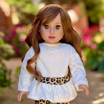 18 inch Dol Clothes - Fashion Safari - 3 Piece 18 inch Doll Outfit - Ivory Velvet Tunic, Cheetah Leggings and Fringed Boots - (Doll Not Included)