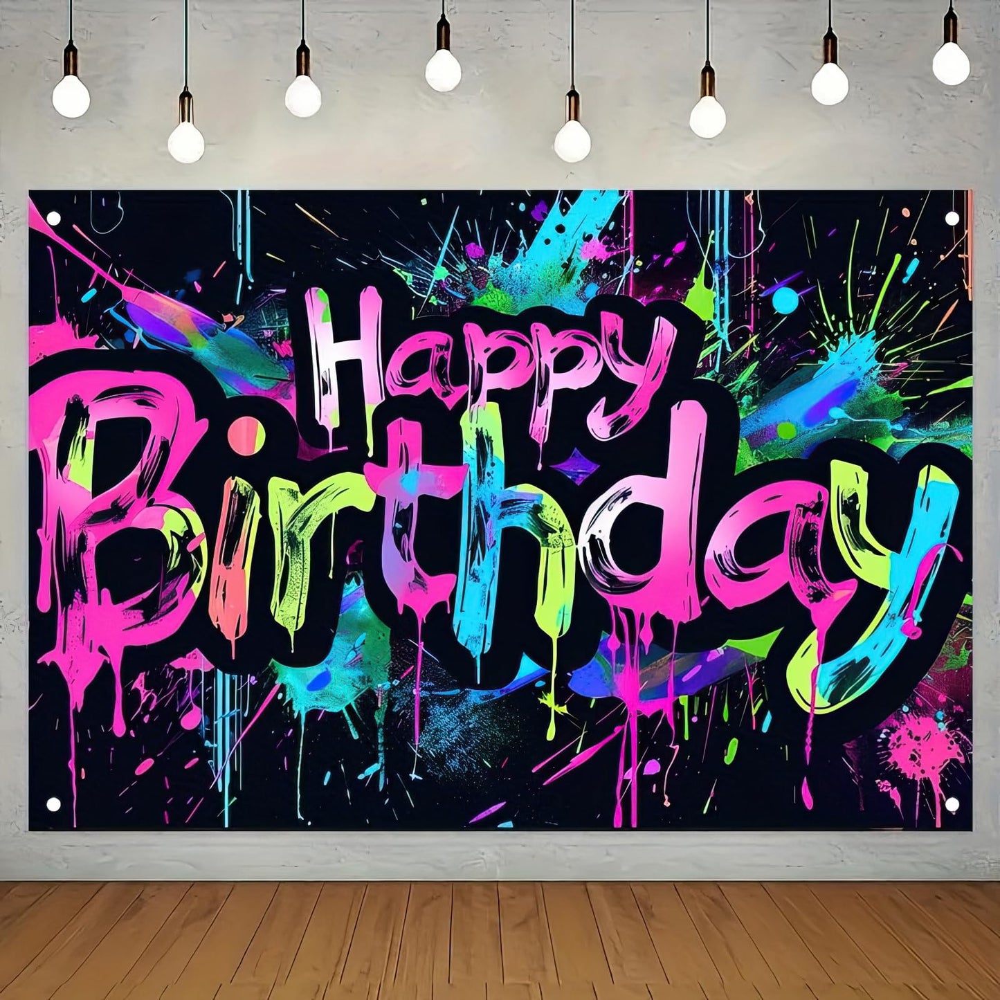HOMETITUTE Neon Happy Birthday Banner 71x43 Inch Photography Backdrops
