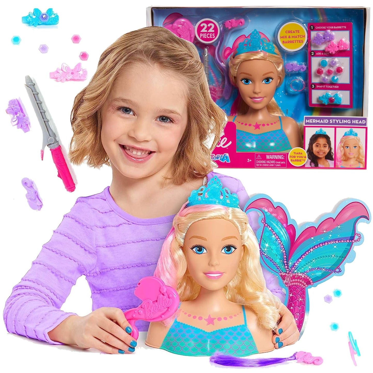 Barbie Dreamtopia Mermaid Styling Head, 22 pieces, Kids Toys for Ages 3 Up by Just Play
