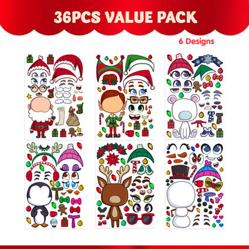 JOYIN 36 Pcs Christmas Make-a-face Sticker Sheets Make Your Own Xmas Characters Mix and Match Sticker with Full Body Design Reindeer, Snowman, Elf