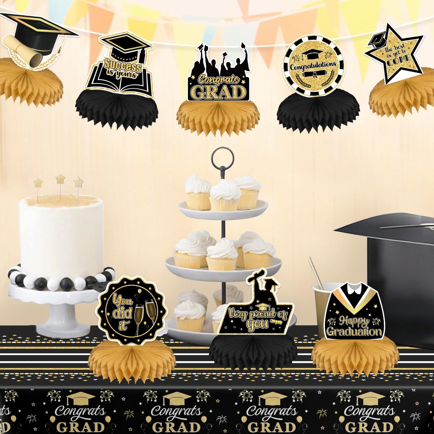 9PCS Graduation Party Decorations Class of 2025 Congrats Grad Table Centerpiece Congratulate Graduation Black and Gold Honeycomb Table Toppers