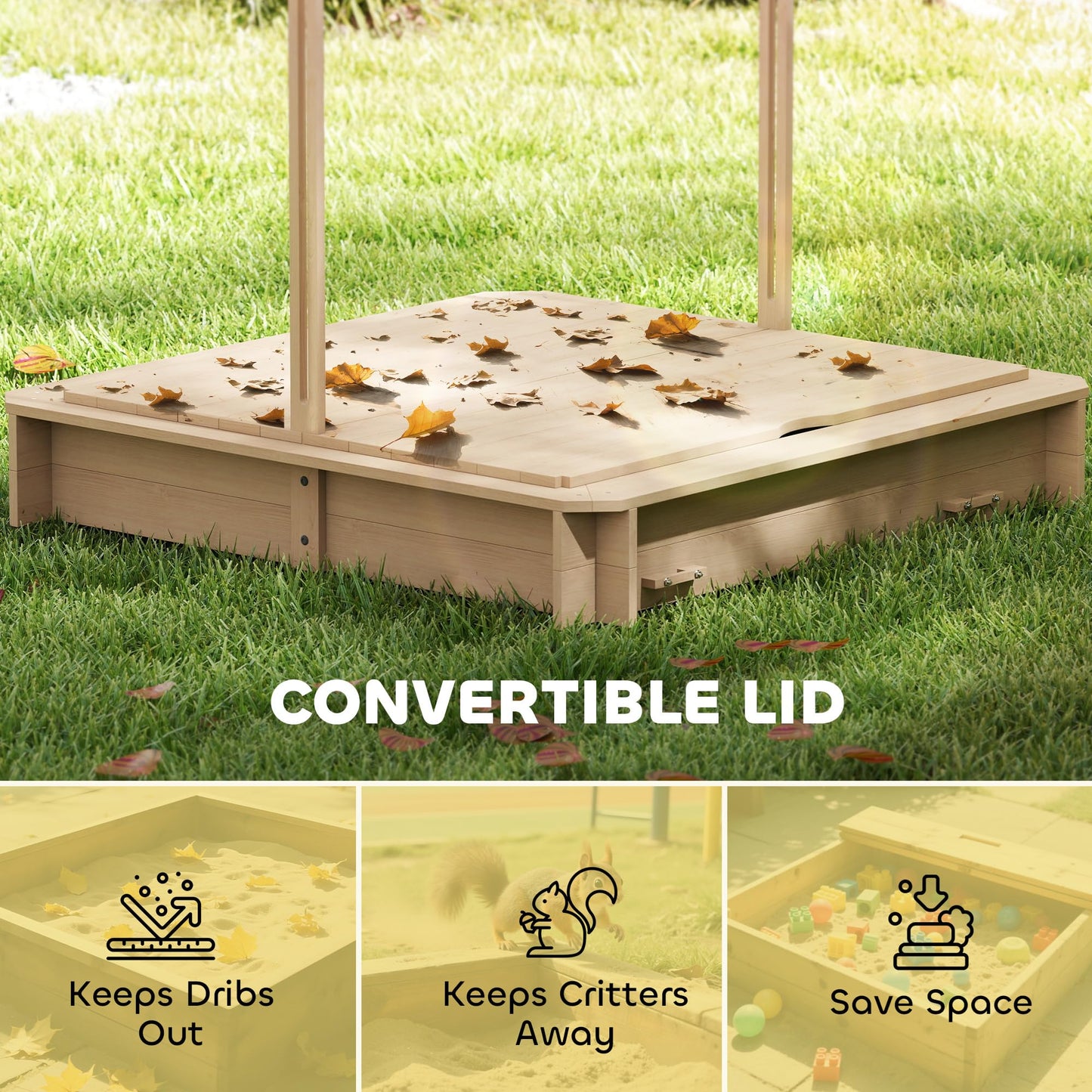 Outsunny Wooden Sandbox with Lid Canopy for Aged 3-7 47X47 in Natural