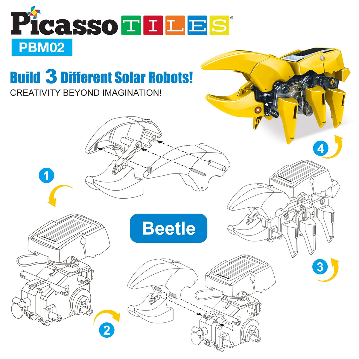 PicassoTiles Dinosaur Robot Solar Powered STEM Unique Transformation Renewable Sun Energy Educational Learning Engineering Building Toy 3-in-1 Science