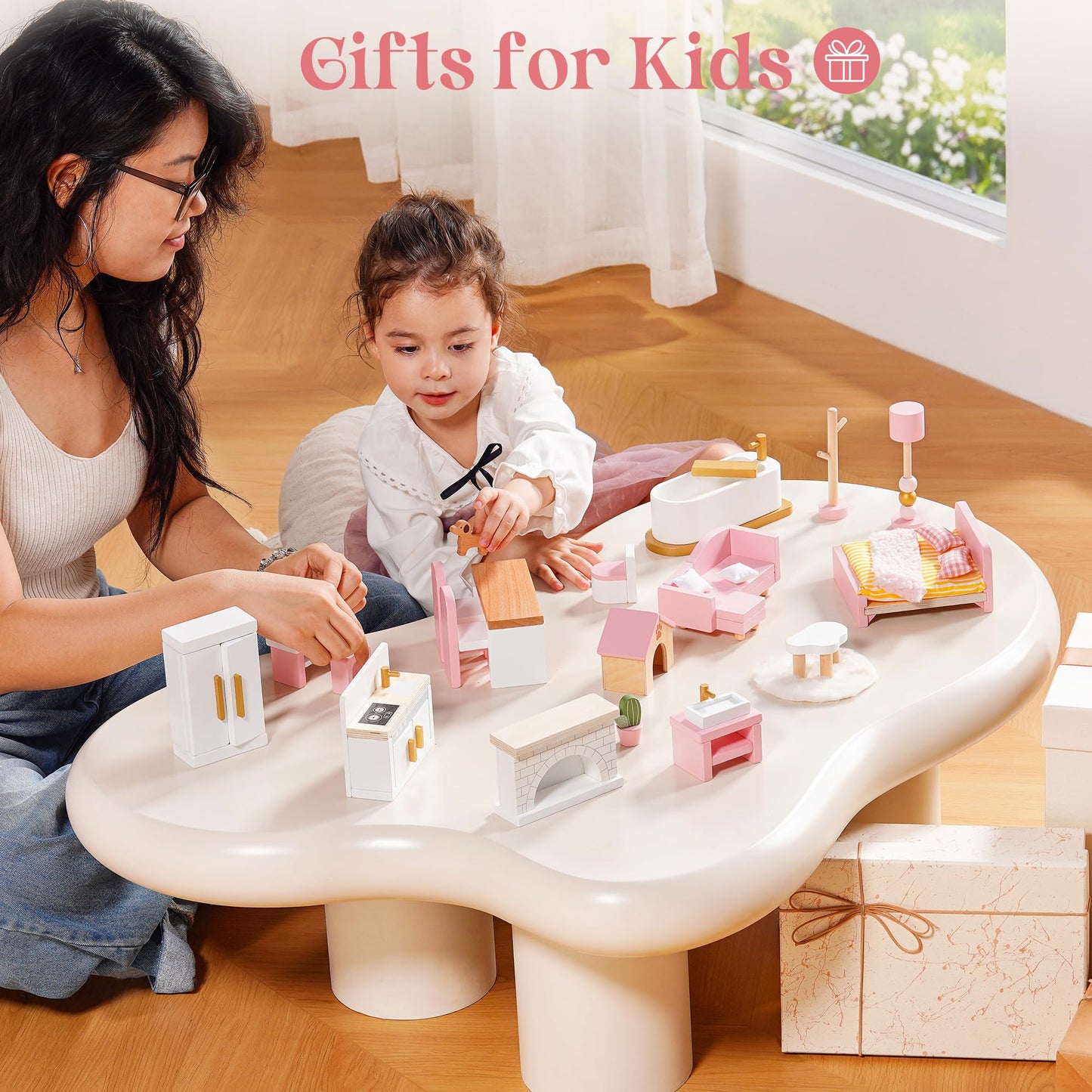 ROBOTIME Wooden Dollhouse Furniture Set, 28 PCS Miniature Dollhouse Furniture with 6 Room Kits, Dollhouse Accessories and Pretend Play Furniture, Gift