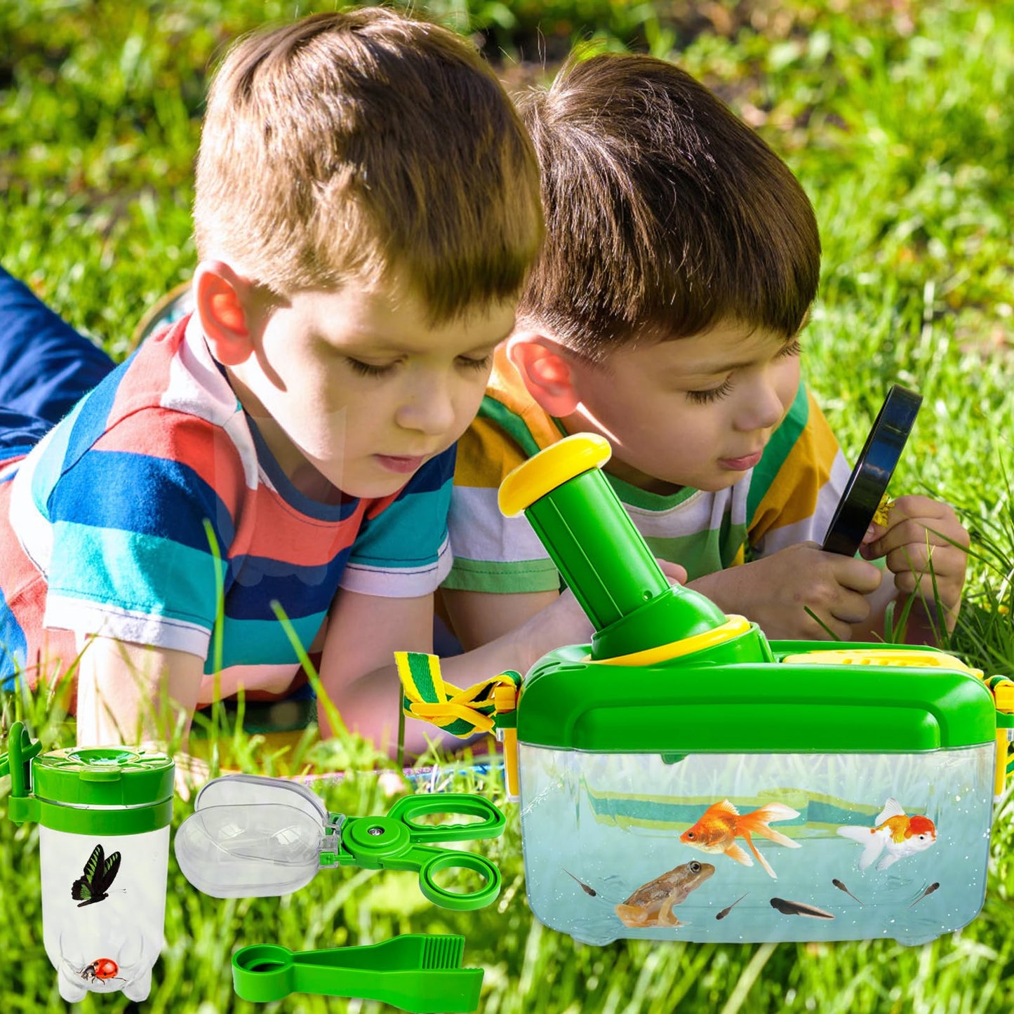 Bug Catcher Kit for Kids,8 Pcs Kids Bug Habitat with Bug Collector Butterfly Net Magnifying Glass Binoculars Tweezer Hats,Outdoor Explorer Kit