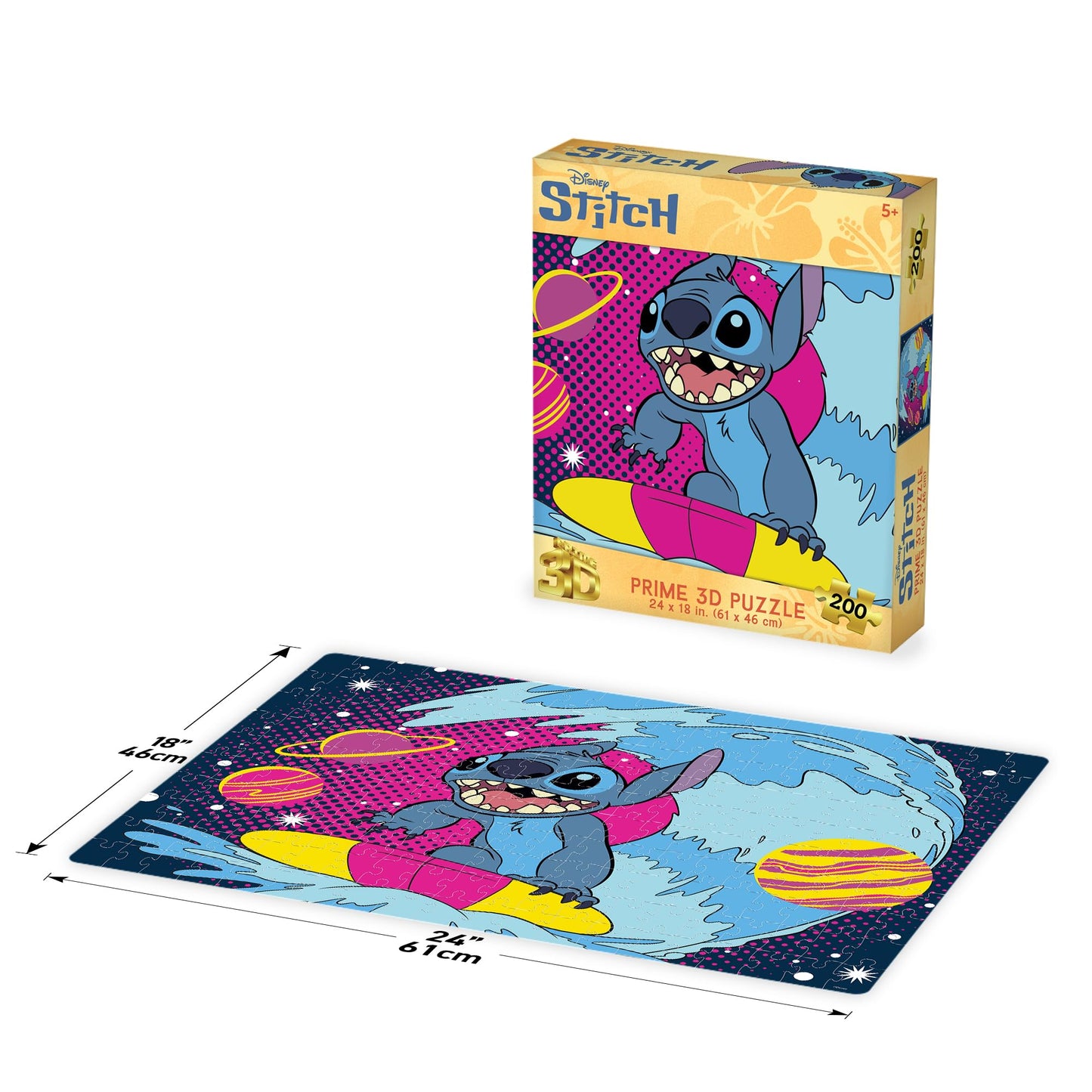 Prime 3D Stitch Surfing Puzzle - 200 Piece 3D Lenticular Jigsaw for Kids & Families, 24"x18" Fun Motion Activity, Official Disney Gift