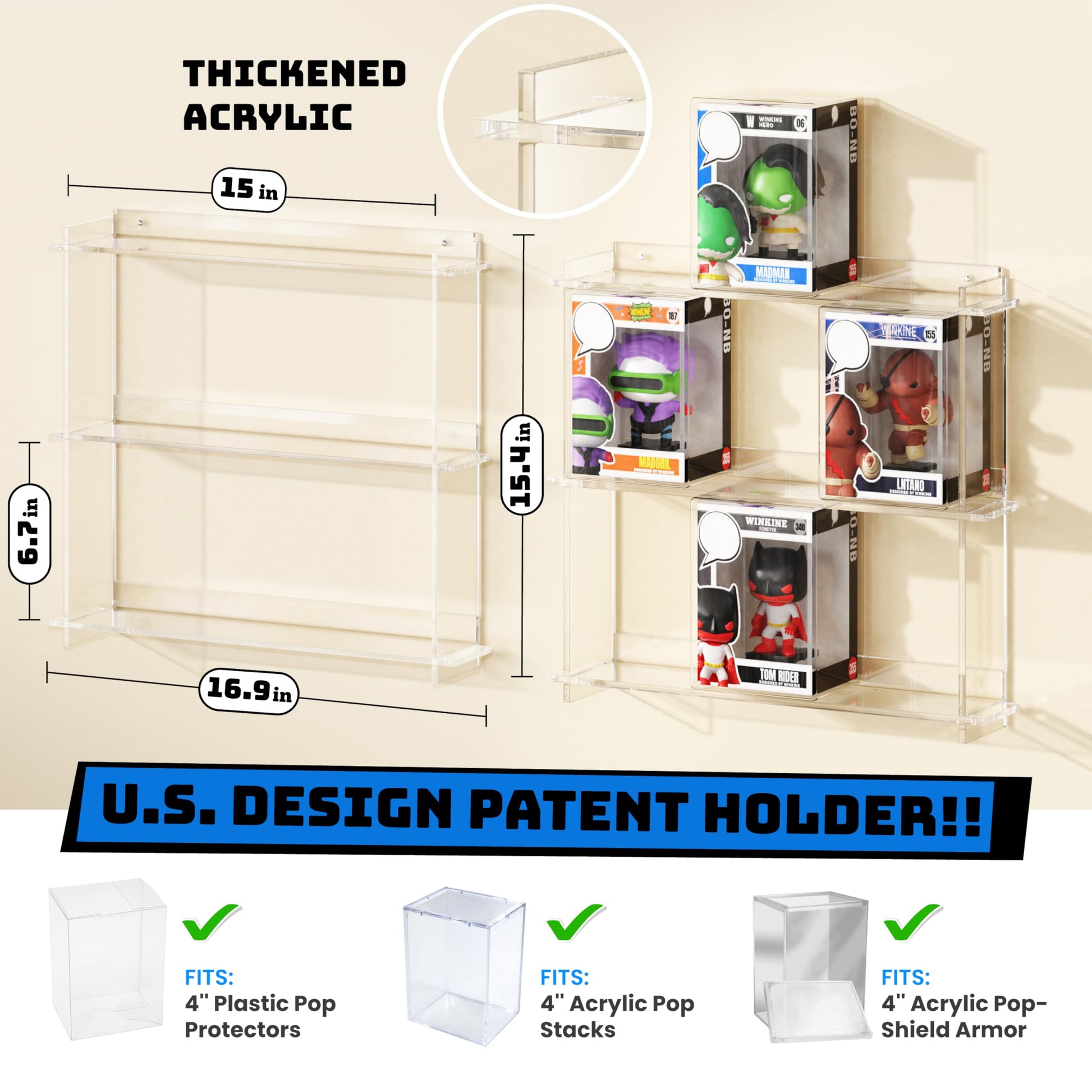 WINKINE Wall Display Shelves Compatible with 21 Funko Pop in Box, Easy Install - Only 2 Screws per Shelf, Acrylic Floating Shelves Stackable, Action