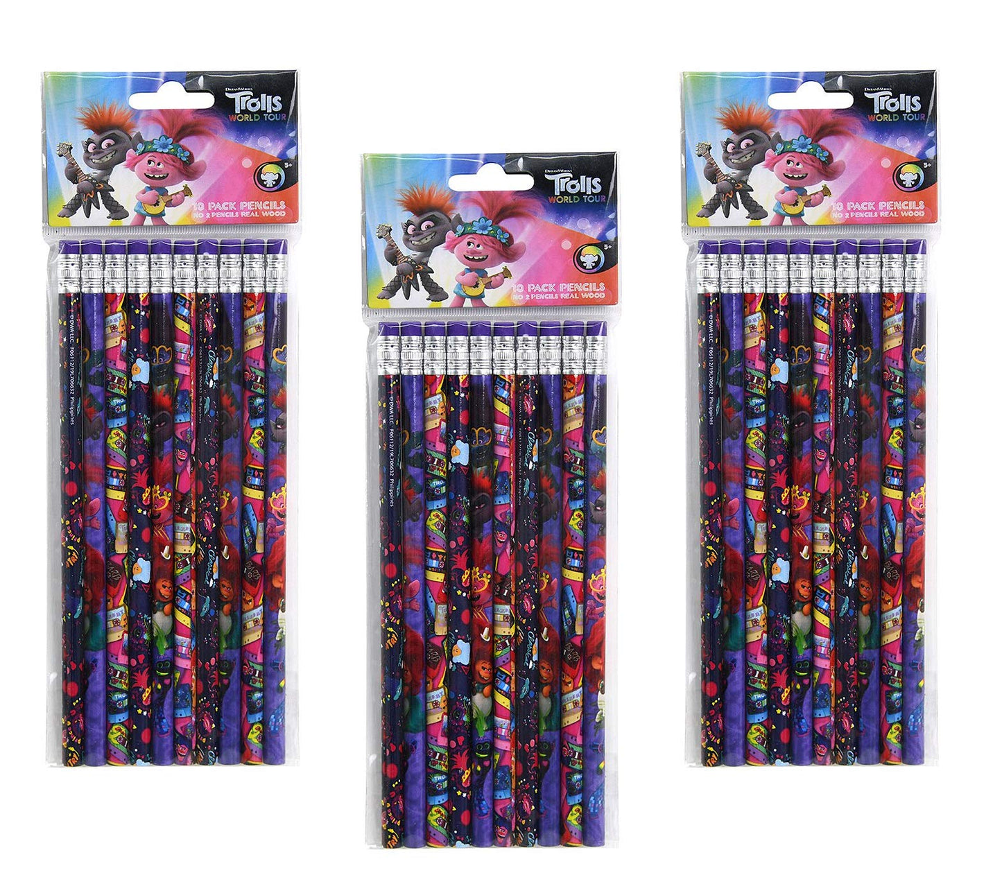 3-Pack Trolls World Tour 10ct #2 Wood Pencils (30 Total)