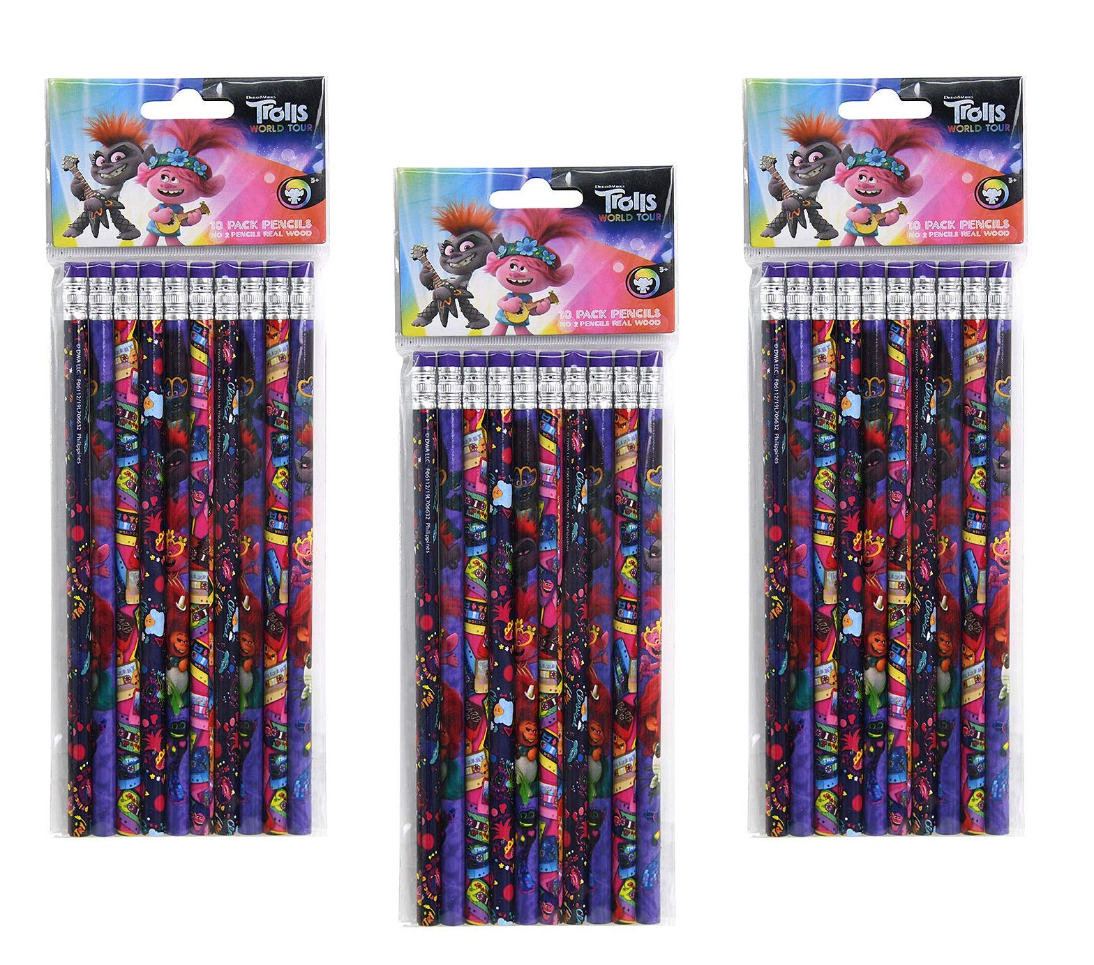 3-Pack Trolls World Tour 10ct #2 Wood Pencils (30 Total)