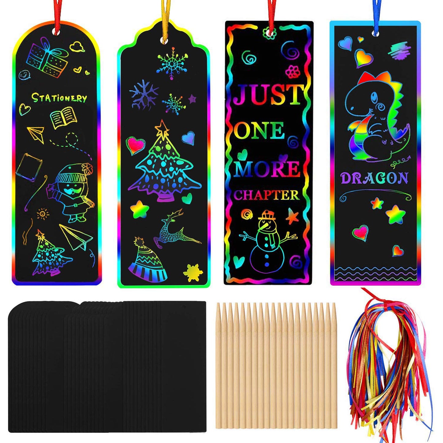 AUGSUN 96 Set Magic Scratch Rainbow Bookmarks Making Kit for Kids Students Christmas Party Favor Scratch Paper DIY Bookmarks Bulk with Bamboo Stylus