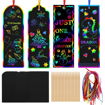 AUGSUN 96 Set Magic Scratch Rainbow Bookmarks Making Kit for Kids Students Christmas Party Favor Scratch Paper DIY Bookmarks Bulk with Bamboo Stylus