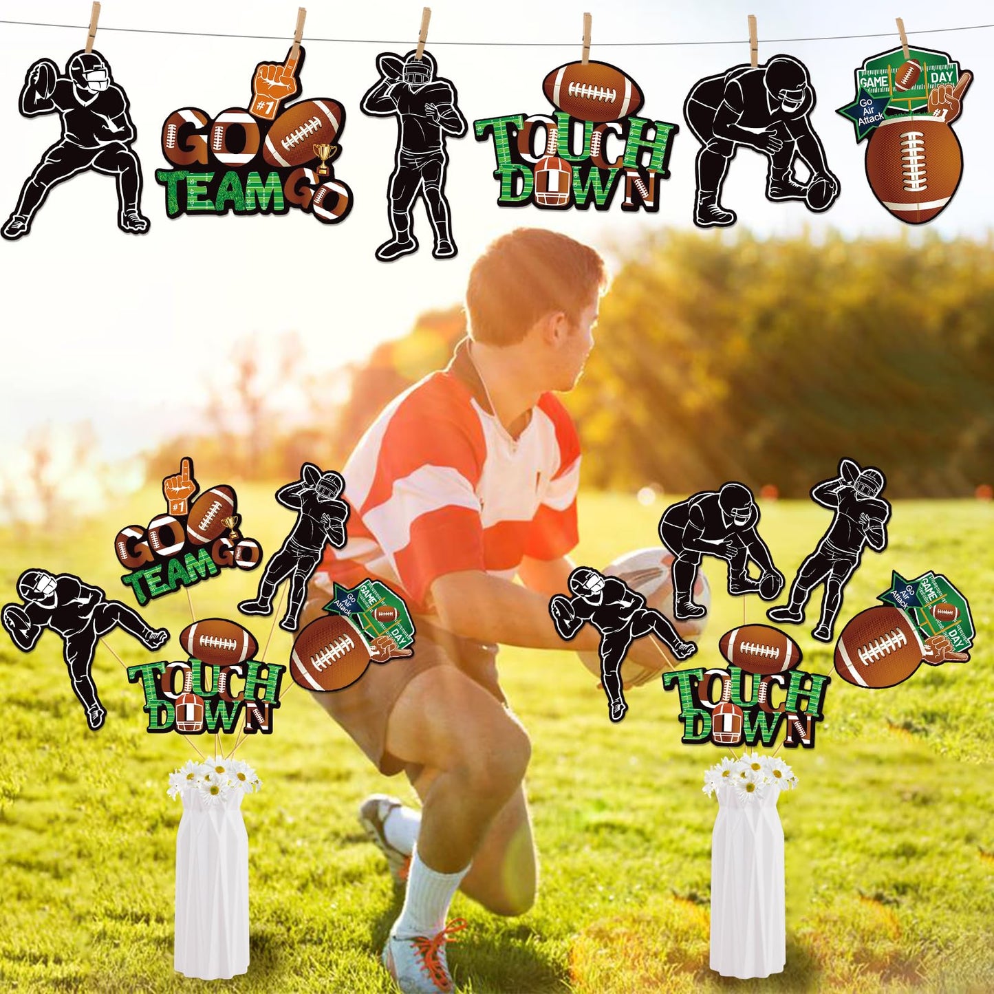 24PCS Football Centerpieces Sticks for Table Football Party Table Decorations Football Table Decor Stick for Vase Photo Booth Props