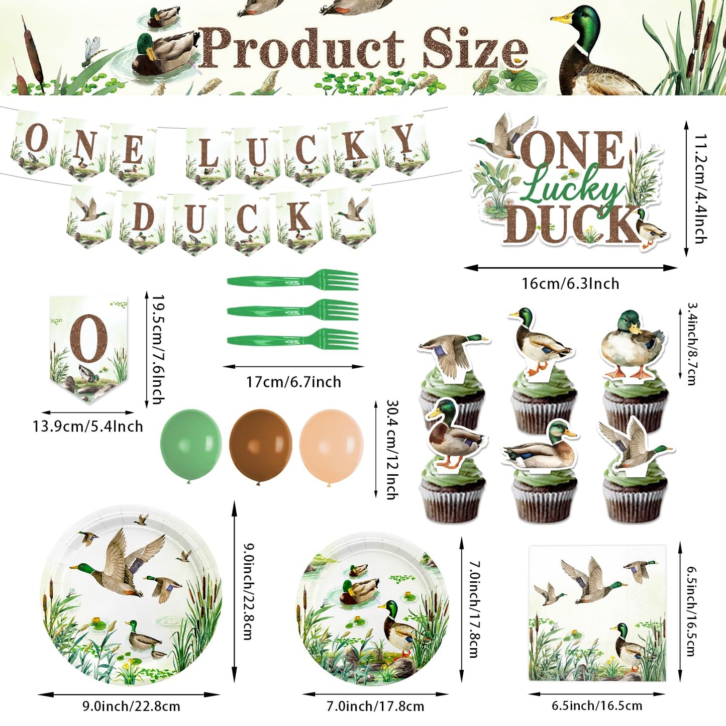 One Lucky Duck Birthday Decorations - 120PCS Mallard Duck Baby Shower Decorations with Banner, Hanging Swirls, Balloons, Tablecloths, Plates, Napkins