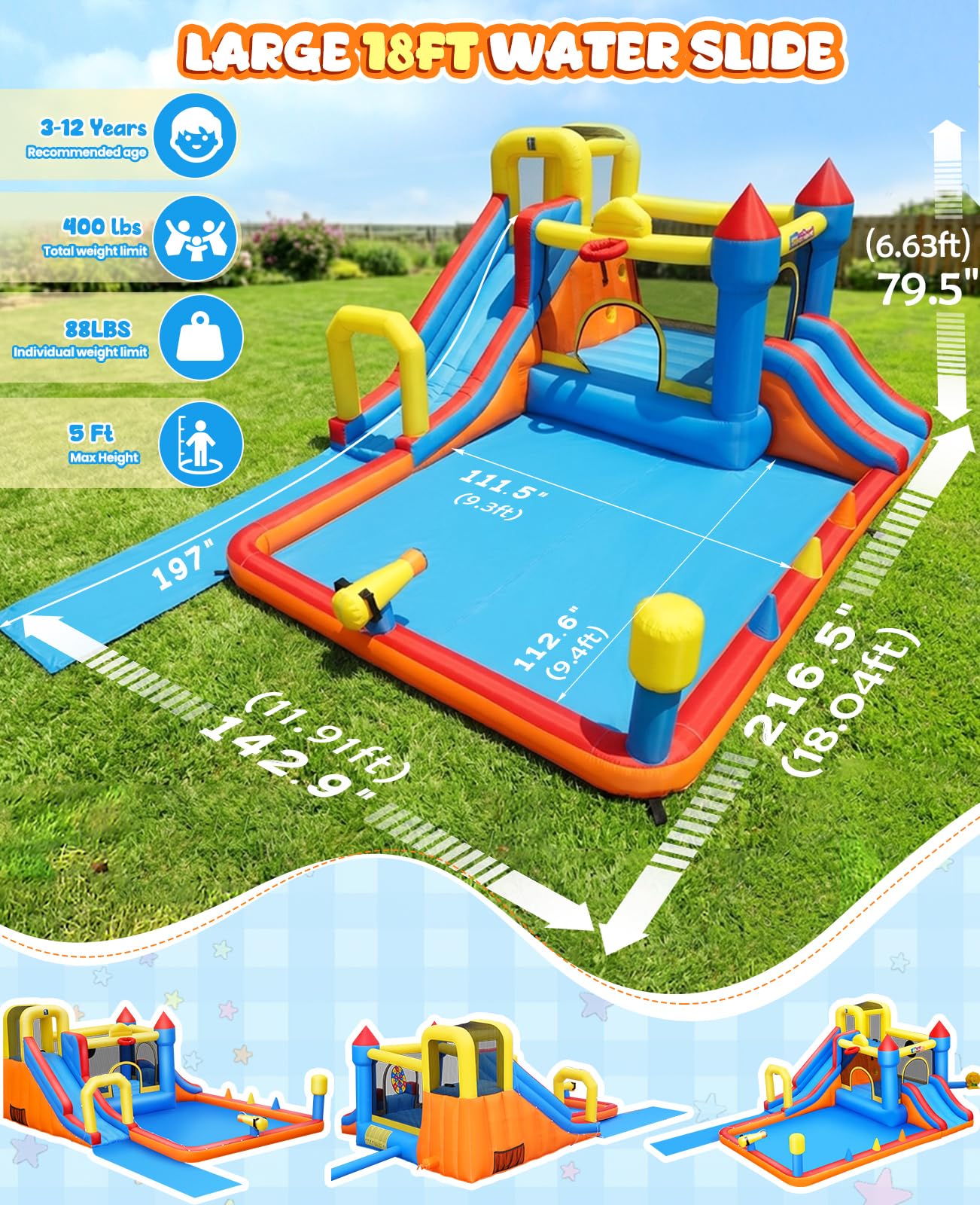 Whubefy18Ft Big Inflatable Water Slide Bounce House for Kids Backyard, 13-in-1 Large Waterslide Water Park Bouncy Castle with Extension Lawn Slip