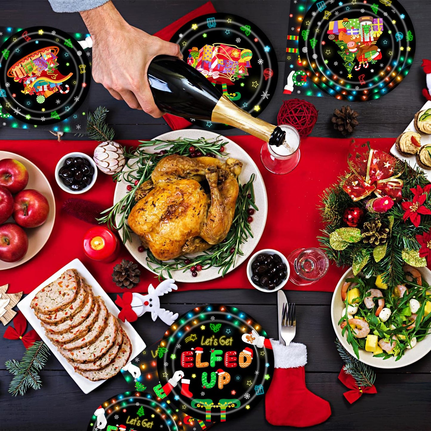 Christmas Party Supplies Disposable Let's Get Elfed Up Tableware Set includes Paper Plates,Napkins and Cups for Elf Christmas Party Supplies,Serve 30