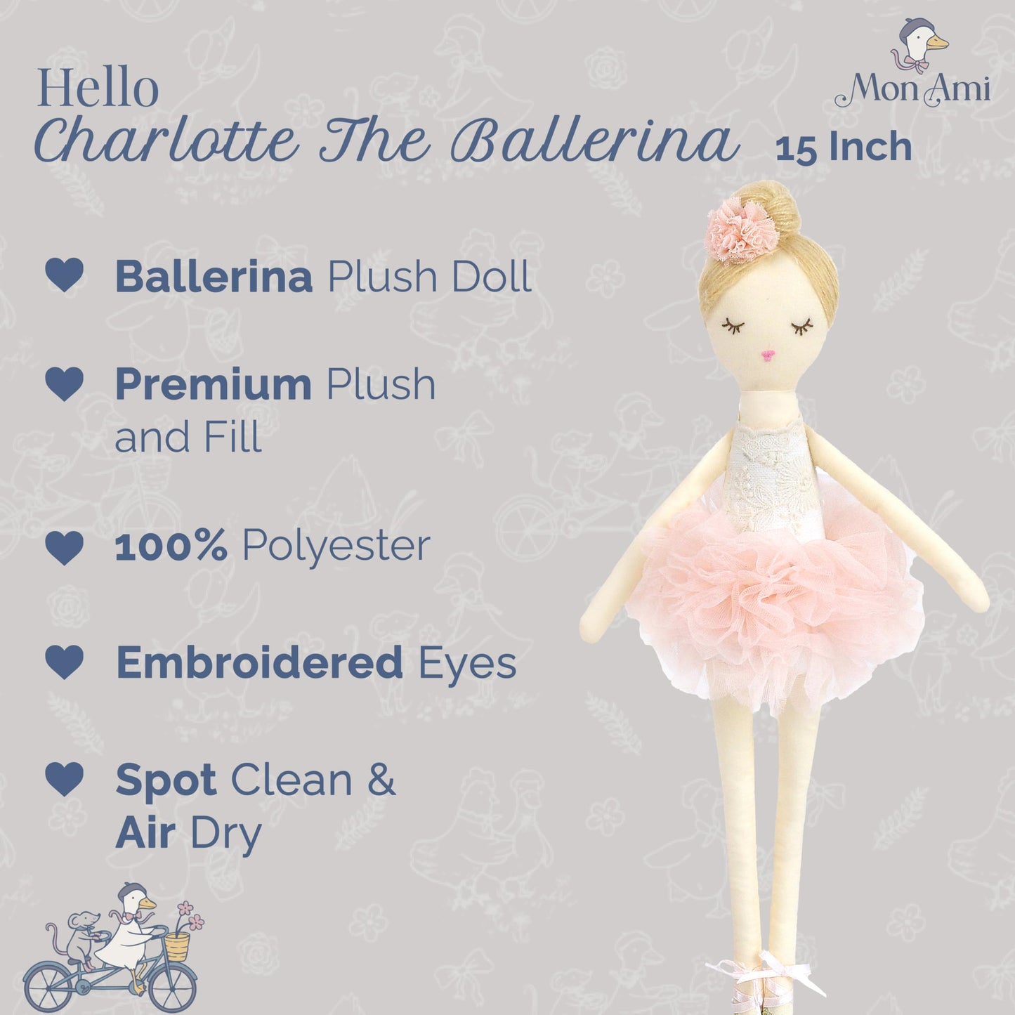 MON AMI Charlotte The Ballerina 15-Inch Stuffed Doll, Plush Gift Girls