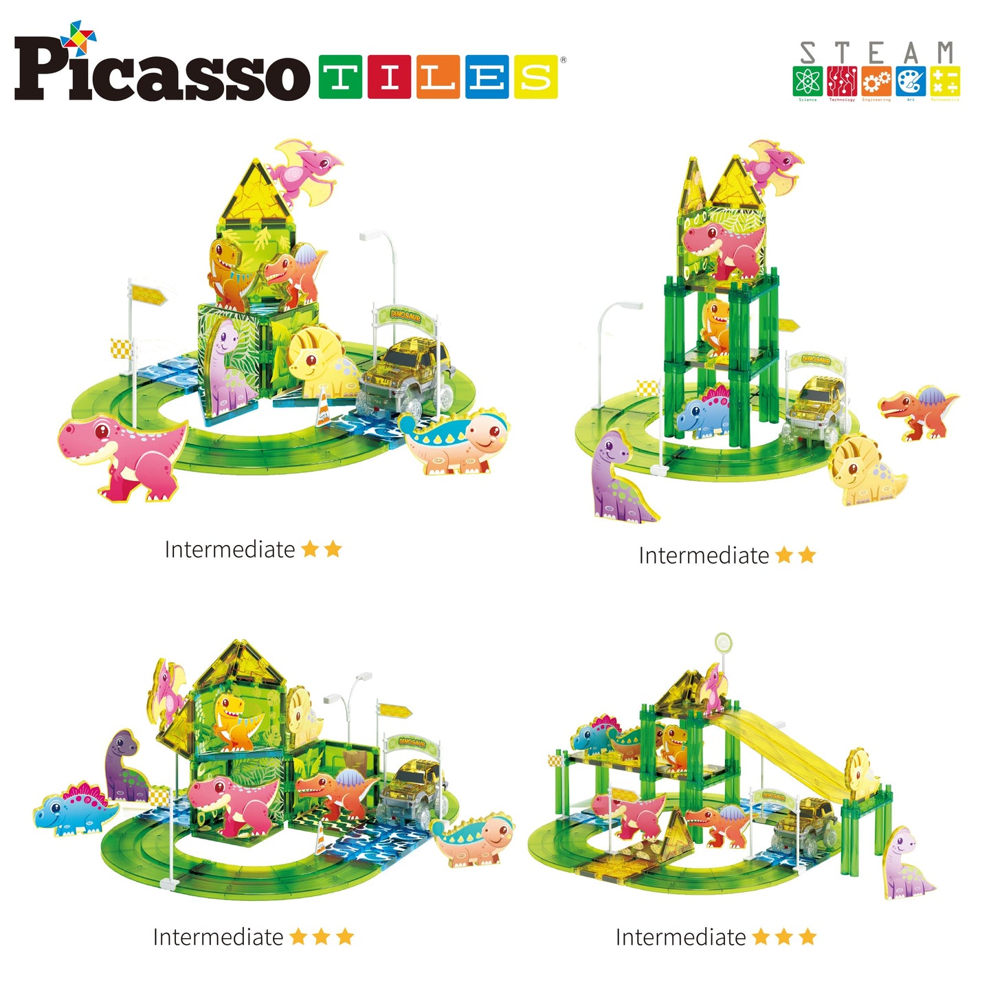 PicassoTiles Dinosaur Magnetic Tiles Racecar Track with 8 Magnet Tile Dino Toys 2 Cars Street Sign Accessory Kit Construction Building Blocks