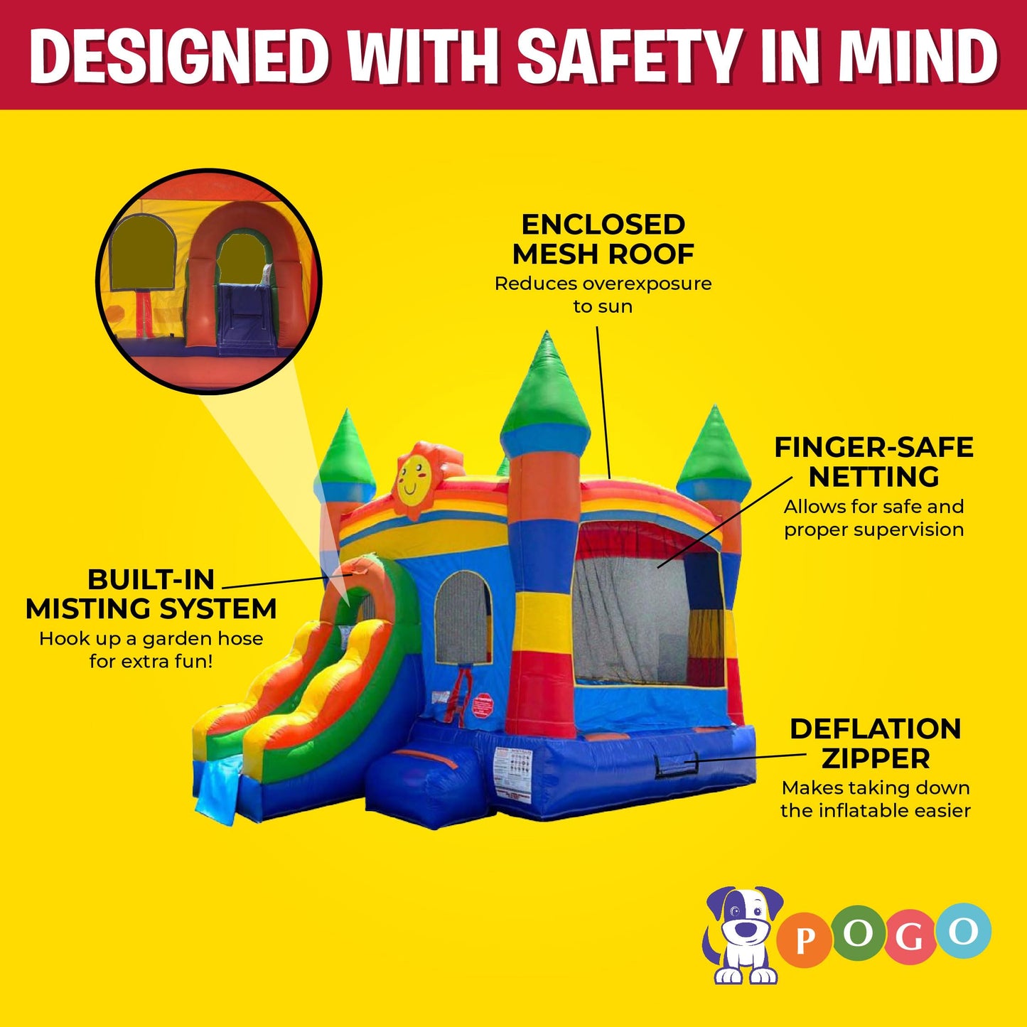 Pogo Bounce House Crossover Inflatable with Slide No Blower, Rainbow Smiley