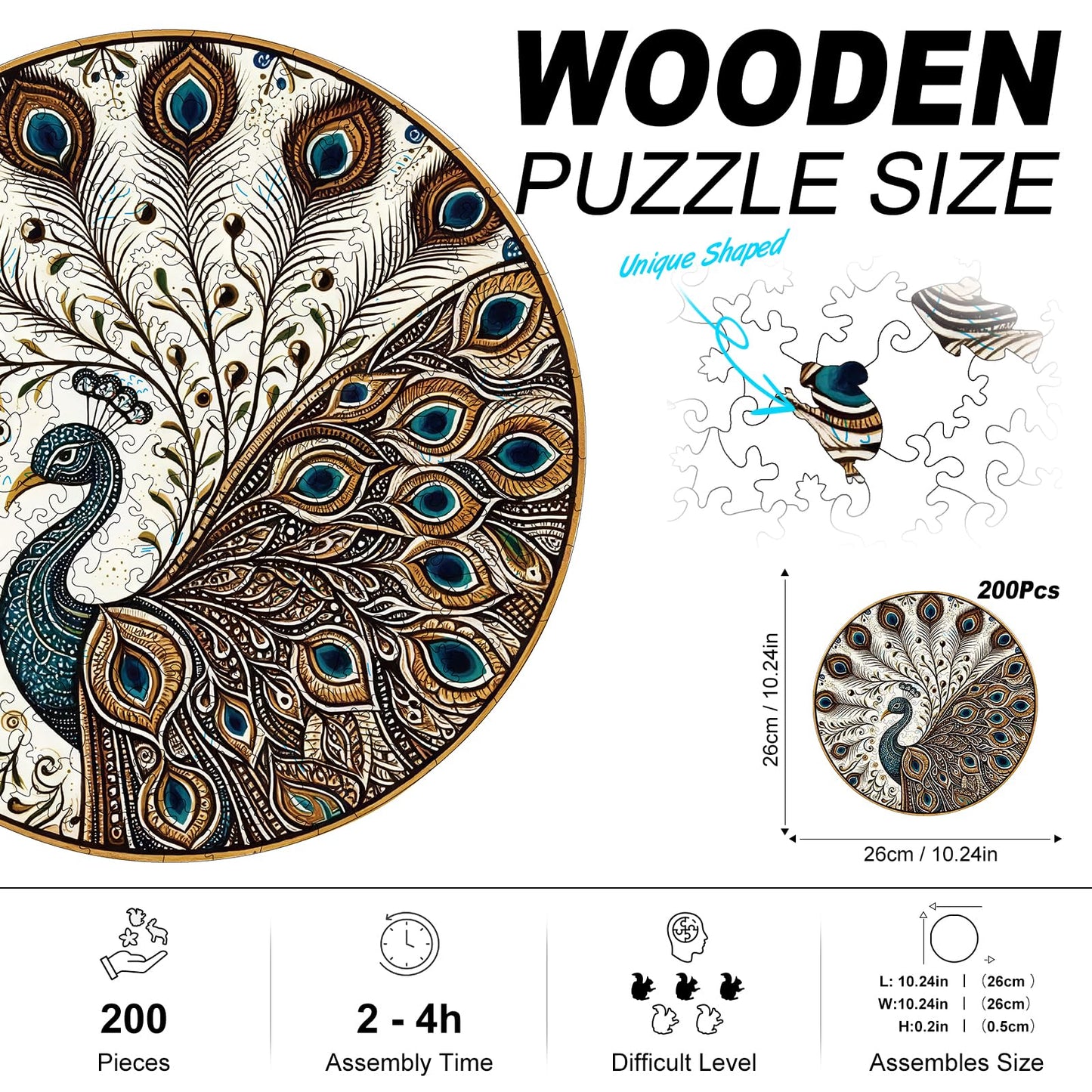 Peacock Wooden Puzzles for Adults, 200pcs Wooden Jigsaw Puzzles for Adults, Peacock Unique Shaped Jigsaw Puzzles Creative Gift for Friend Family Game