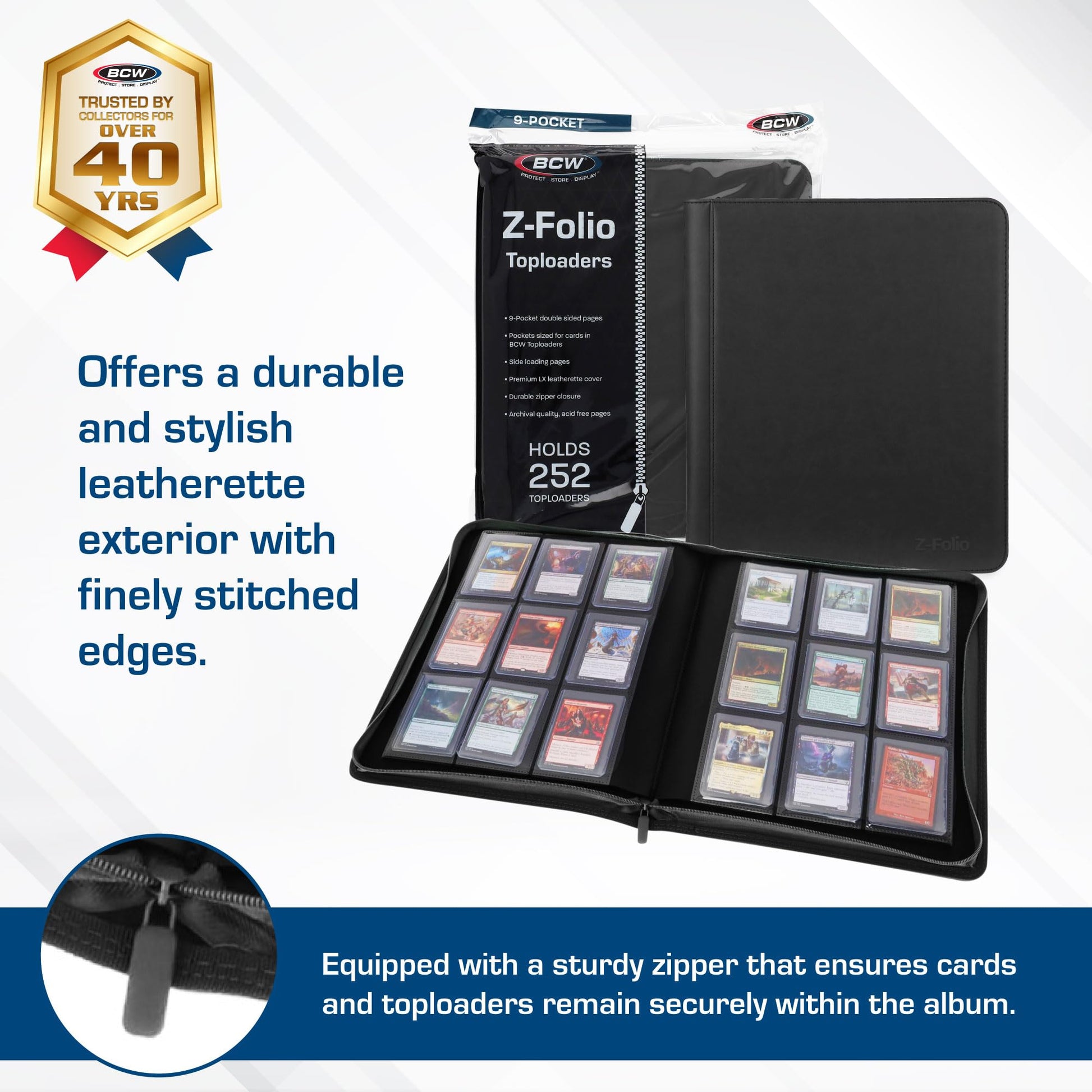 BCW Top Loader Binder | 9-Pocket LX Album | Black Leatherette Toploader | Archival Safe | Side-Loading Pages | Holds 252 Standard 3x4 Toploaders |