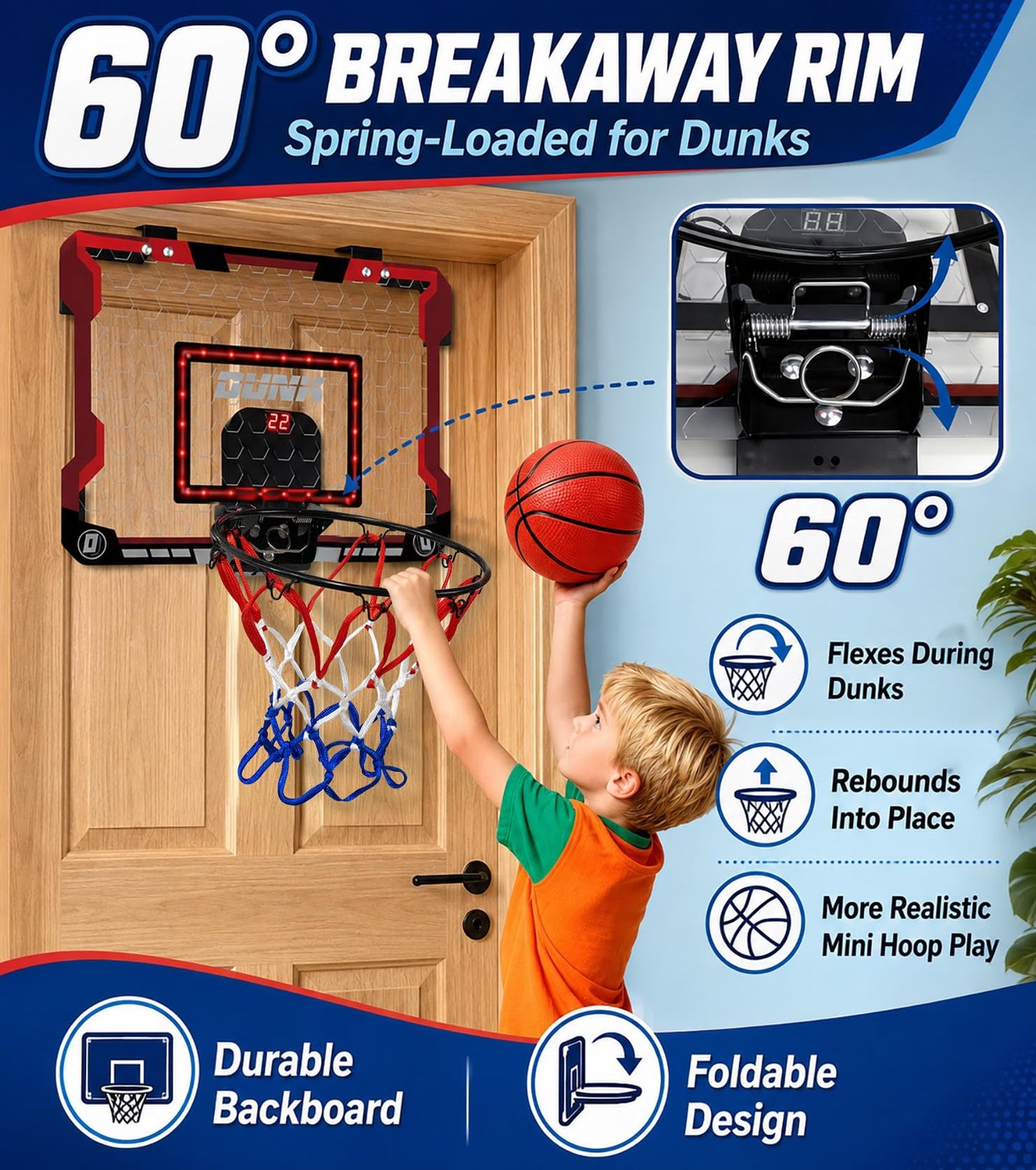 LAO XUE Indoor Basketball Hoop for Kids,Mini Hoop with LED Scoreboard