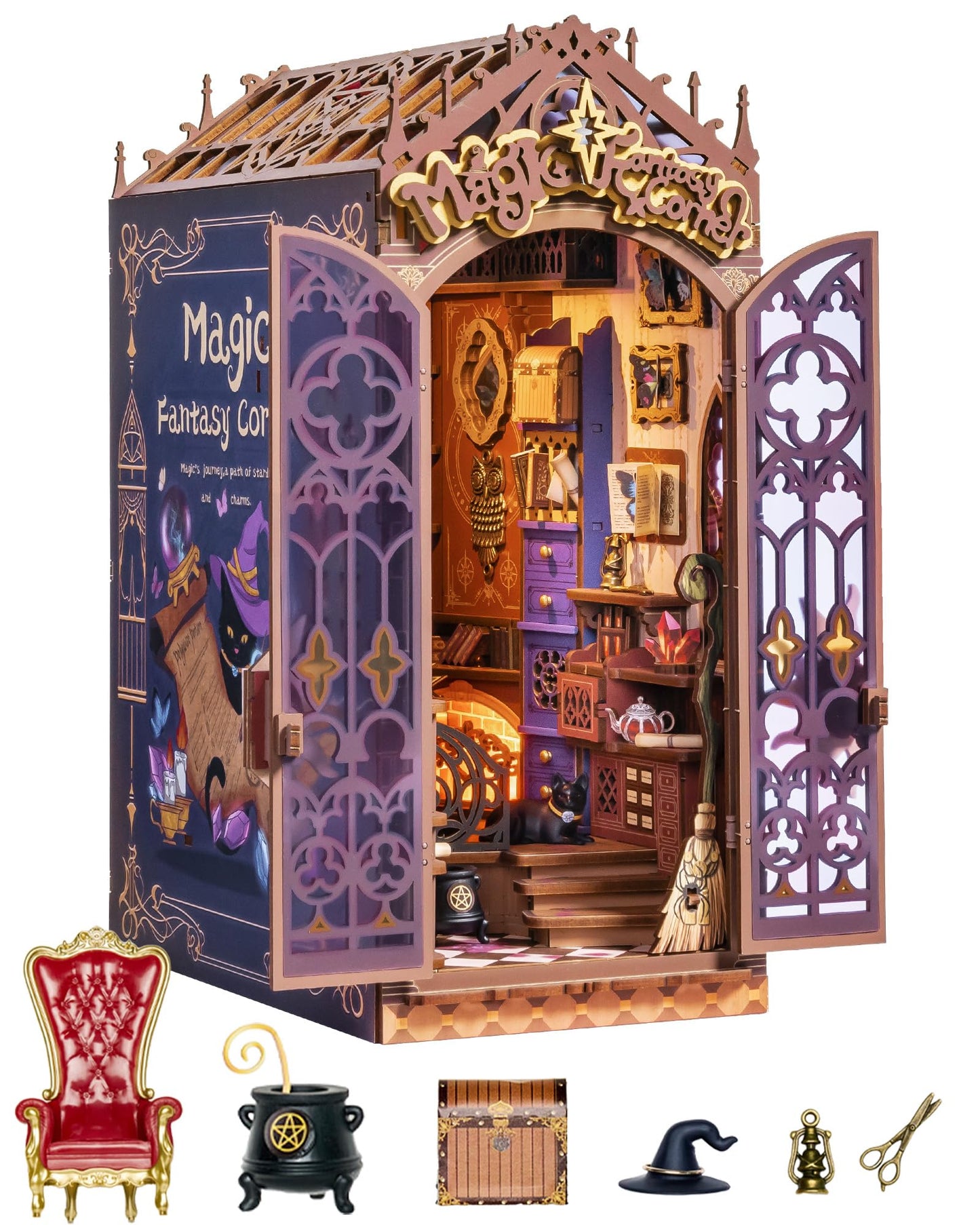 ROBOTIME Book Nook Kit, DIY Miniature House Kit, 3D Wooden Puzzle Bookends, Witch Study Room Bookshelf Decor, Creative Unique Gifts for Adults (Magic