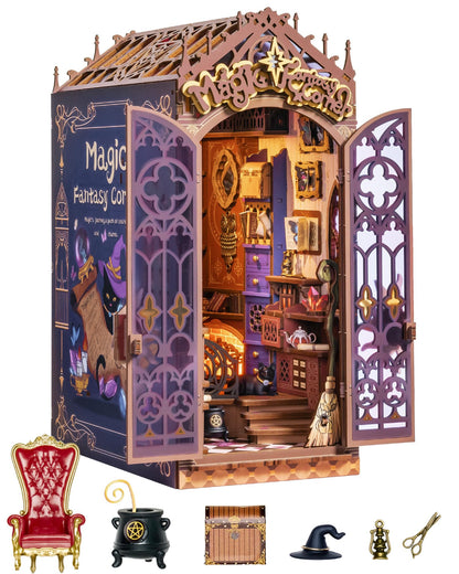 ROBOTIME Book Nook Kit, DIY Miniature House Kit, 3D Wooden Puzzle Bookends, Witch Study Room Bookshelf Decor, Creative Unique Gifts for Adults (Magic