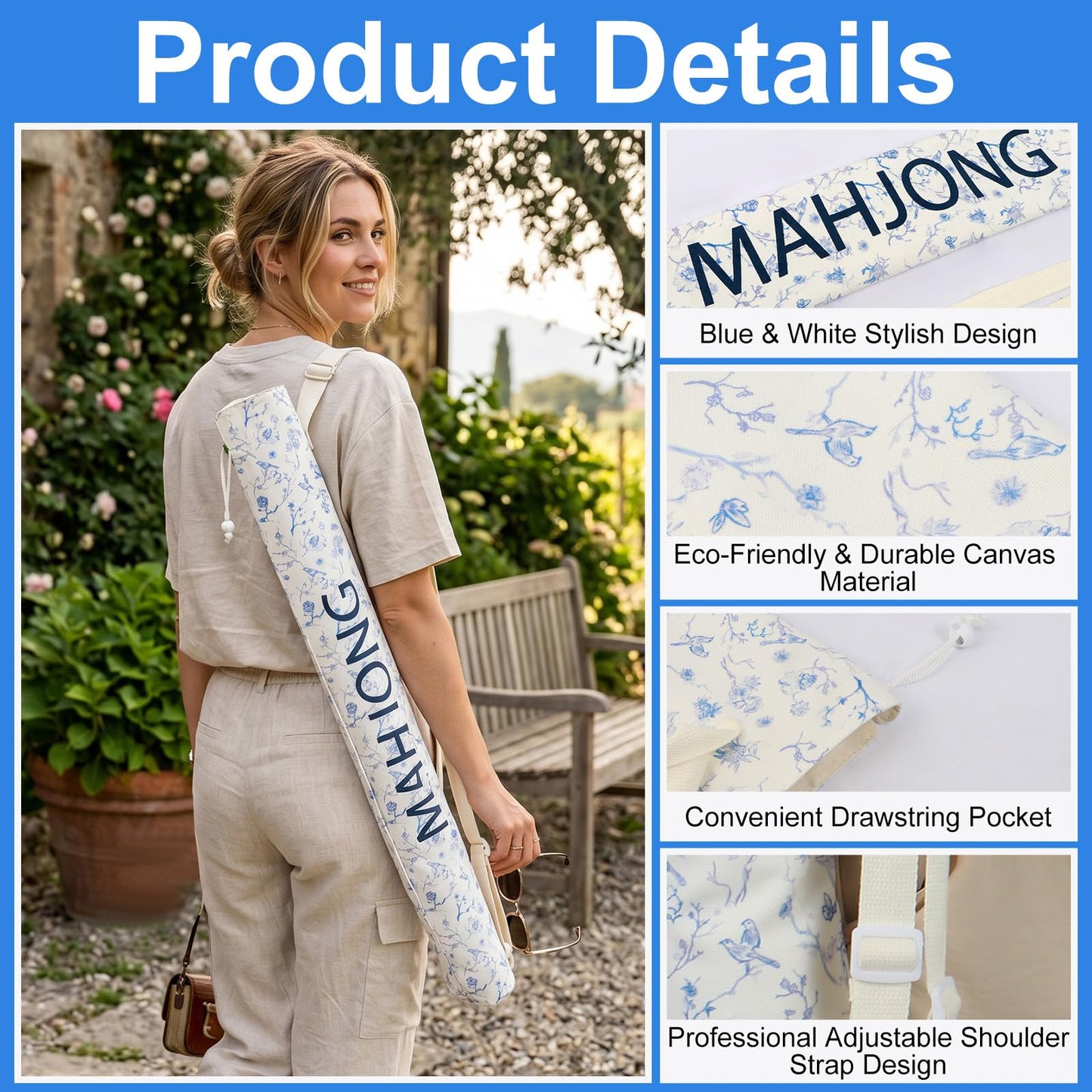 Xelbreelark 35.4 Inch Long Canvas Mahjong Mat Carrying Bag Double Strapped Drawstring Holder Durable Bag Only for Mahjong Lovers, Mat Not Included
