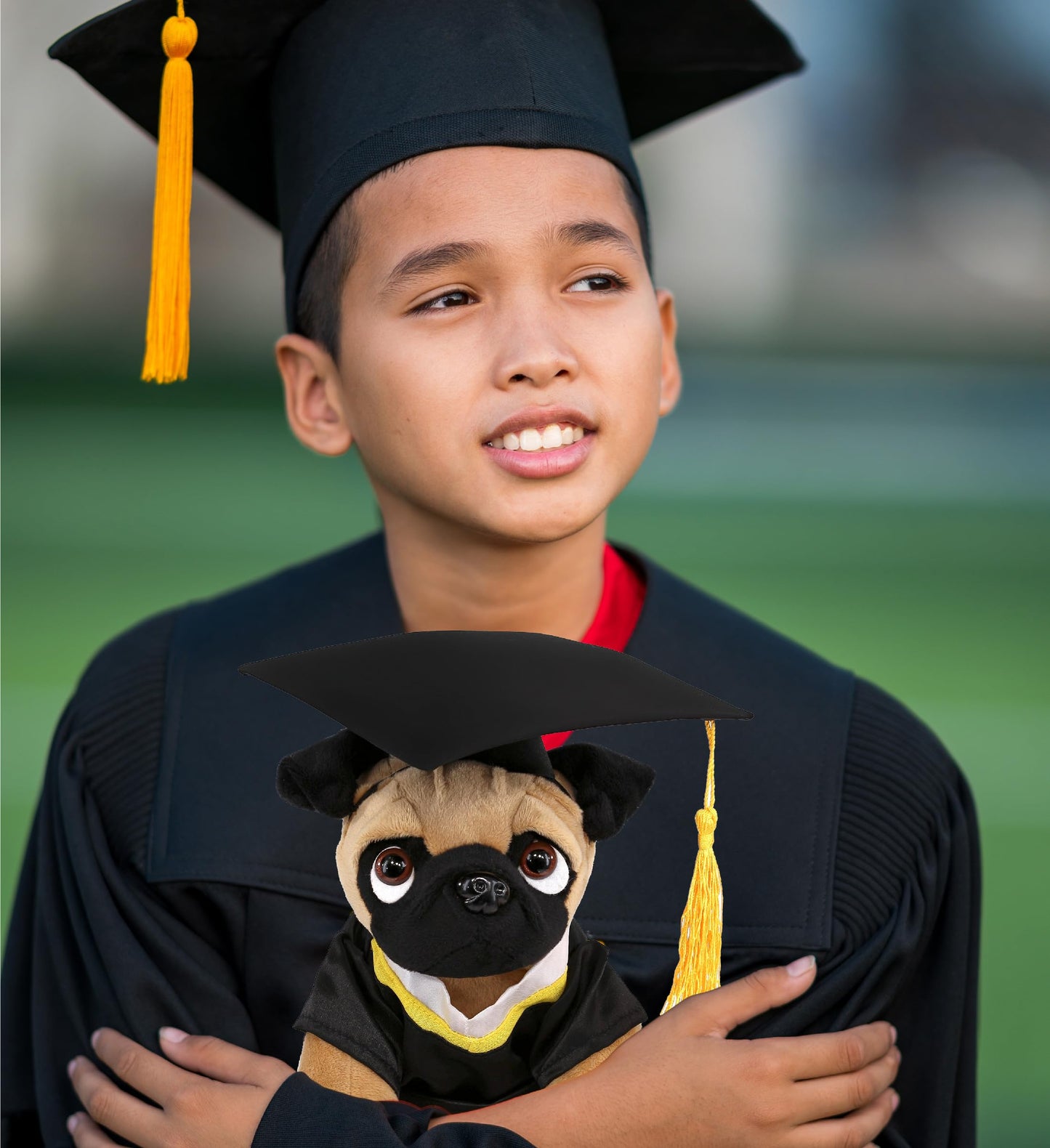 DolliBu Pug Dog Graduation Plush Toy - Super Soft Graduation Stuffed Animal Dress Up with Gown and Cap with Tassel Outfit - Gift with Personalization