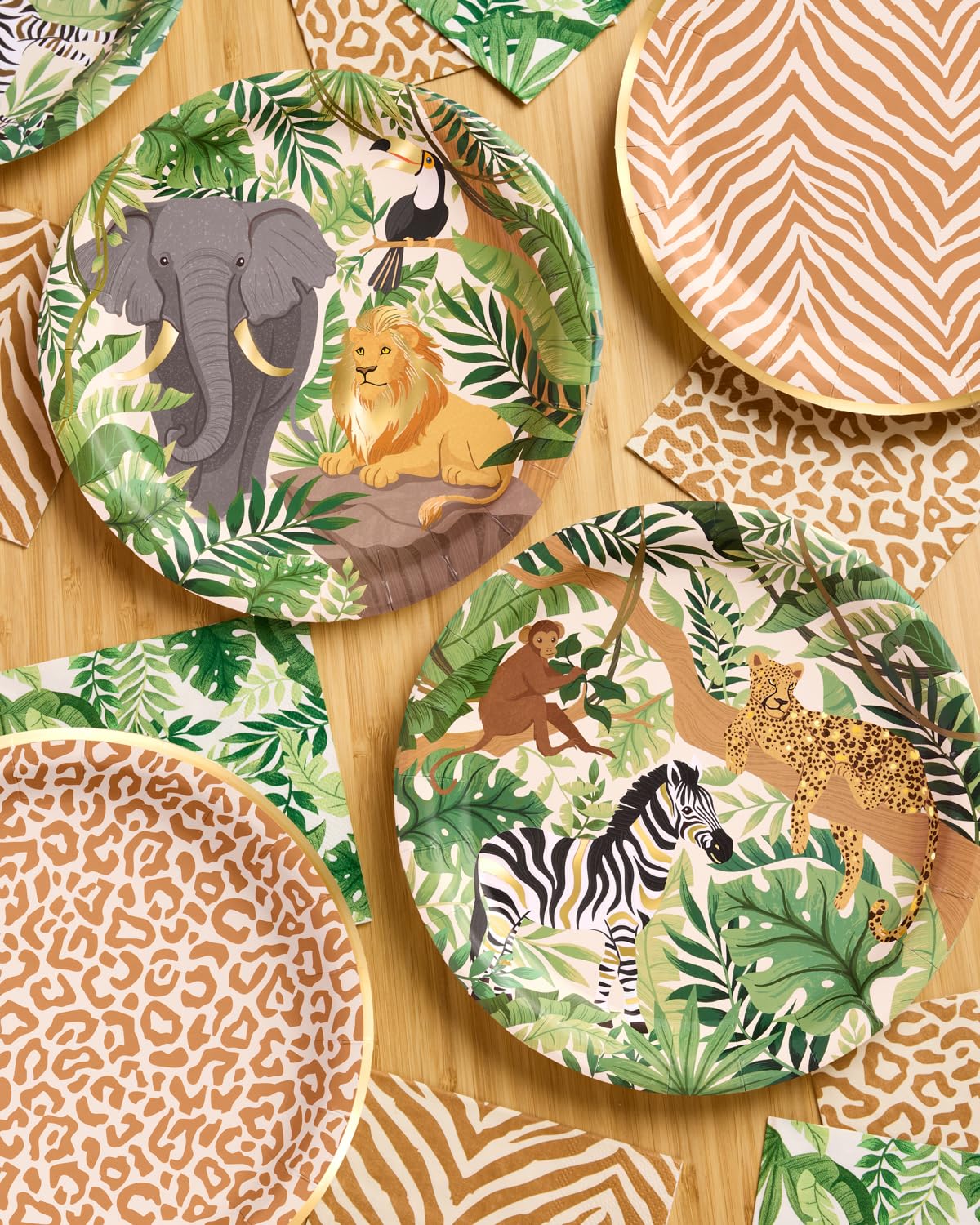 xo, Fetti Animal Print Safari Paper Plates, 4 Designs | 24 pcs 9" | Kids Decorations, Jungle Party Setting, Wild Birthday Decor, Rainforest