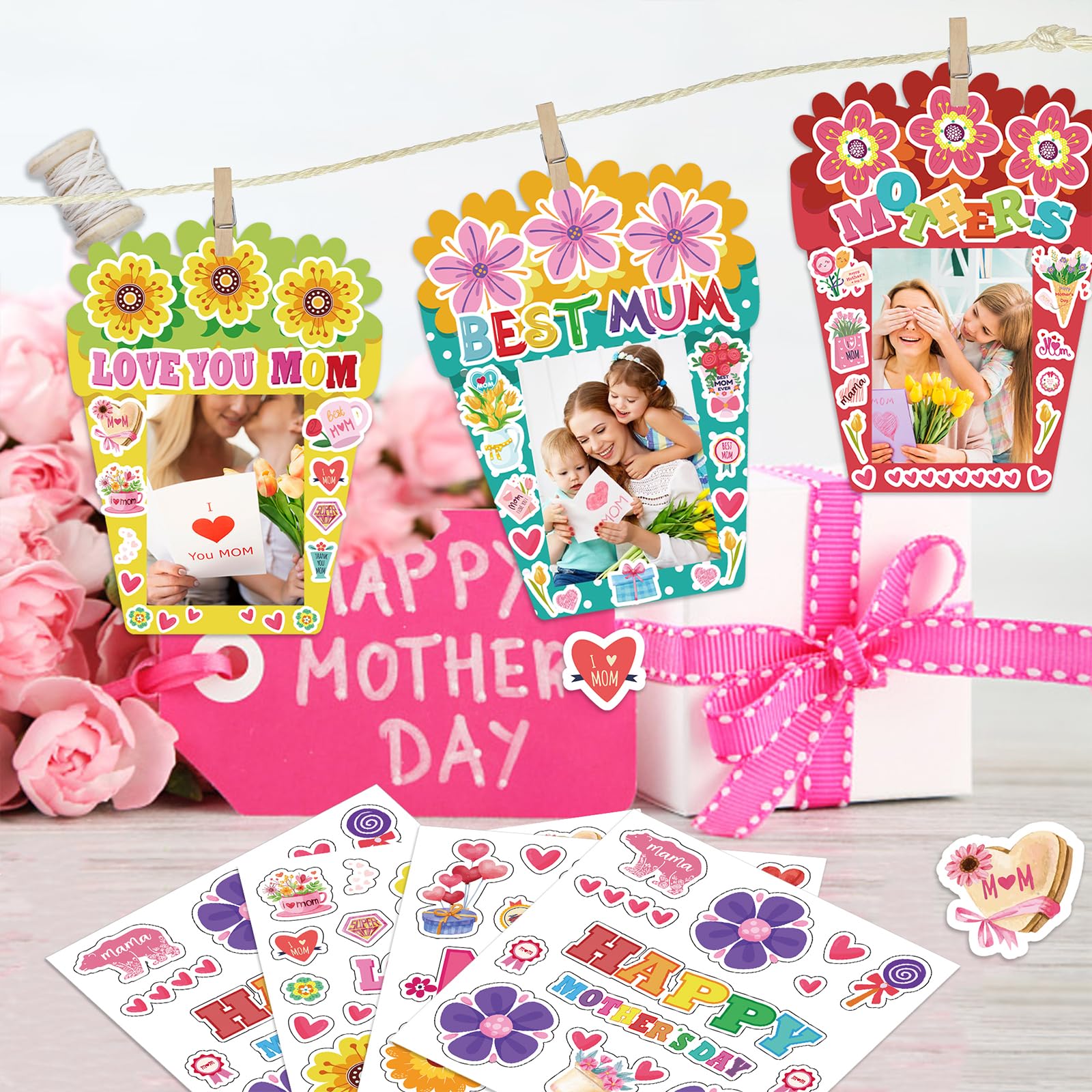 Hayux Mother's Day DIY Craft Kits for Kids 24 Packs DIY Love You Mom Flower Photo Frames Set with Stickers Paper Picture Frames Funny Mother's Day