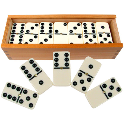 Double Six Dominos - 28-Piece Ivory Dominos Set for Adults and Kids - Classic Number Table Games Game for Family with Wooden Storage Case by Hey Play