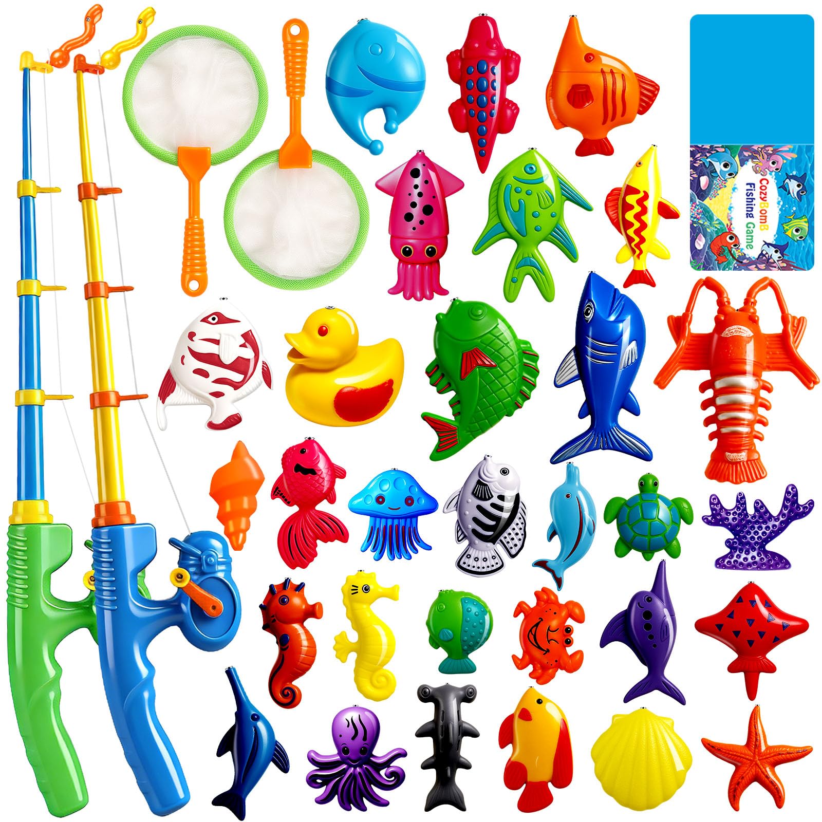 CozyBomB™ Magnetic Fishing Toys Game Set for Kids | Water Table Bathtub Kiddie Pool Party Pole Rod Net, Outdoor Plastic Floating Fish, Toddler Bath