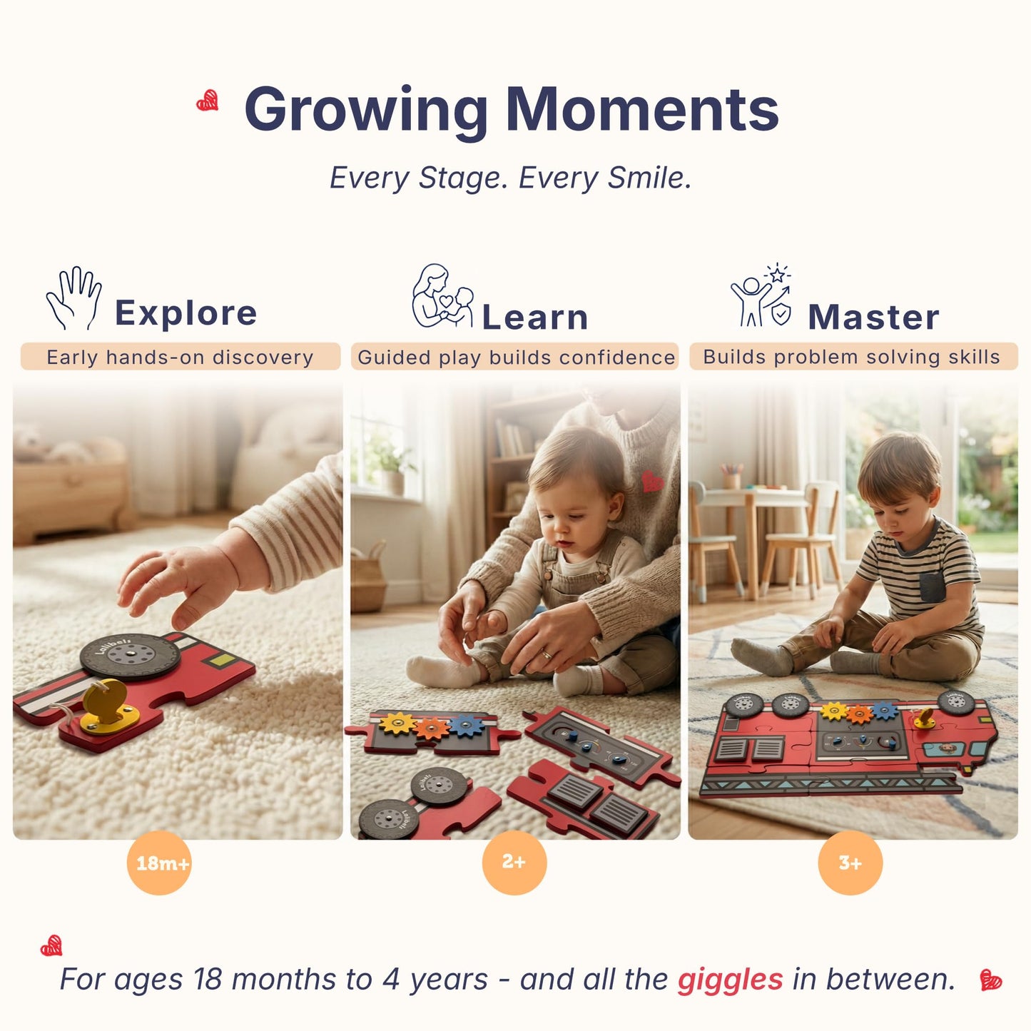 Lalibels Large Fire Truck Puzzle & Activity Toy for Toddlers 18 Months+, Montessori Fine Motor Learning Toy, Wooden Firetruck Birthday Gift for Boys