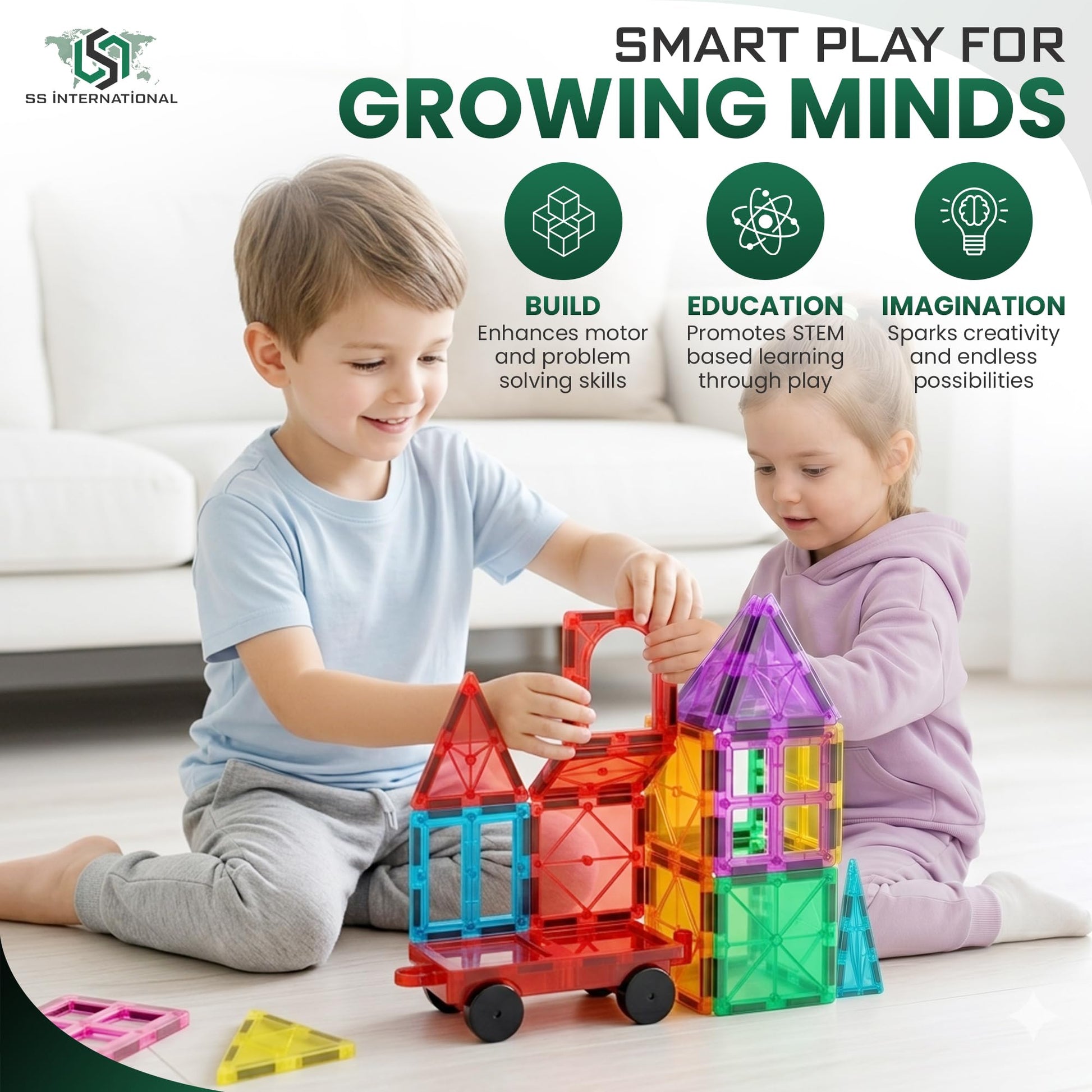 SS INTERNATIONAL Magnetic Tiles Construction Set for Kids 100 PCS with 2 Cars | STEM Learning & Preschool Educational Toy | Creative Magnetic Building