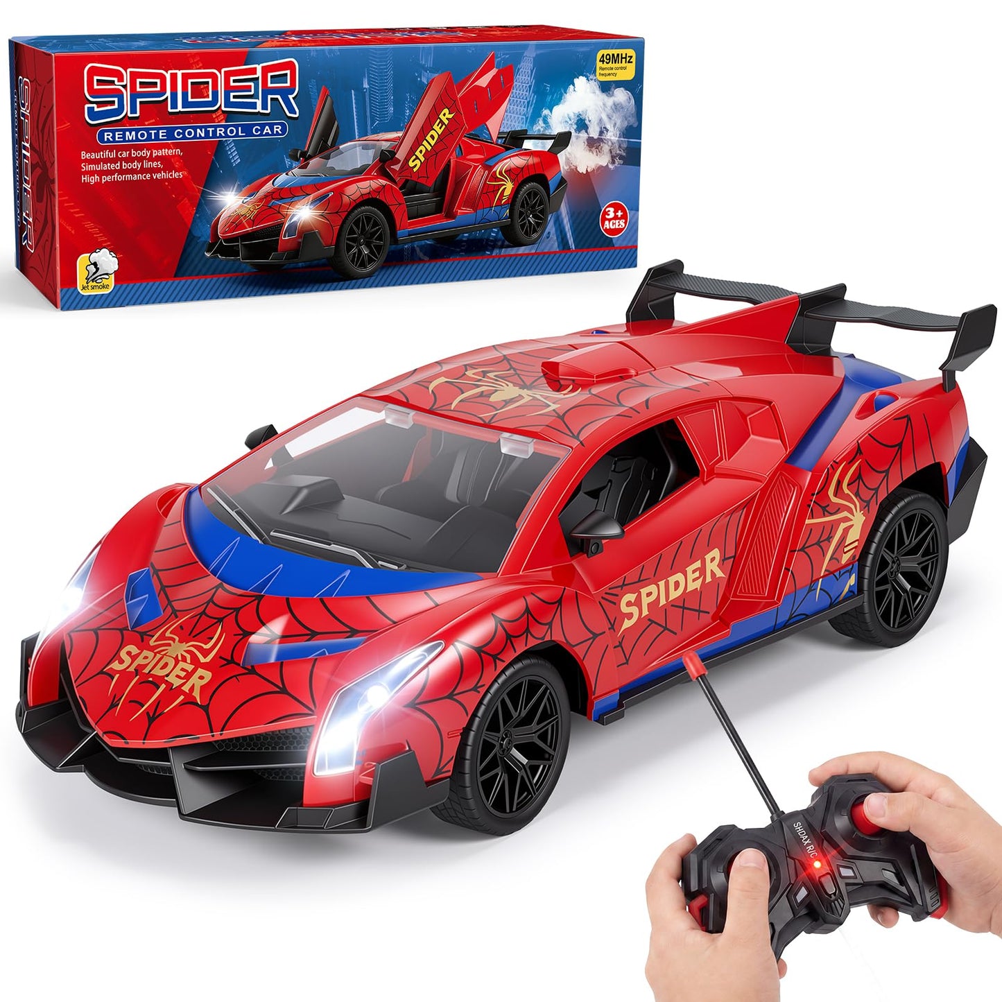 CHMYWJ Spider Remote Control Car with Lights, Spray, Openable Scissor Doors Gifts for 3 4 5 6 7 8 9 10 Year Old Boys Age 3-4 4-6 6-8 8-12 Christmas