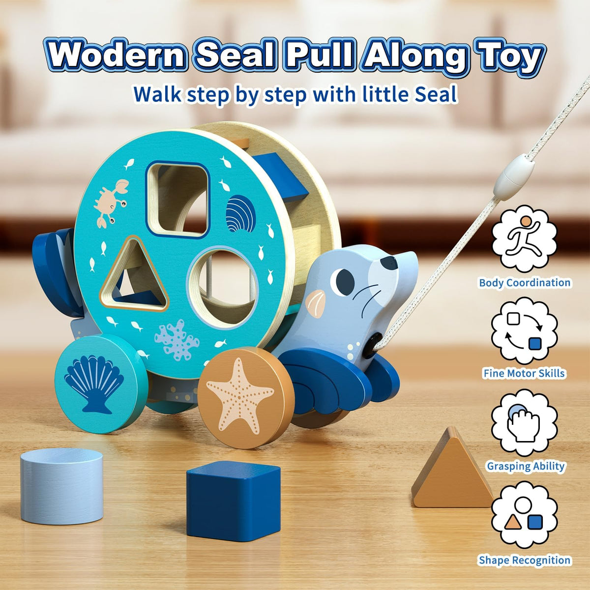 LOVELAND FSC Certified Wooden Pull Toy for Toddlers 1-3, 3-in-1 Seal Shape Sorter & Pull Along Walking Toy Montessori Fine Motor Skills Learning Toy