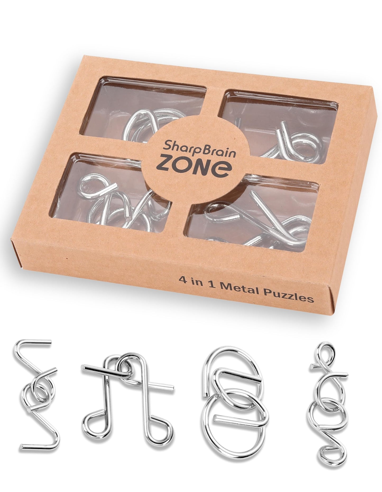 4-in-1 Puzzle Bright Curve Set by Sharp Brain Zone - Heavy Duty Metal Brain Teasers, Unique IQ Puzzle Games for Problem Solving, Stress Relief, Focus