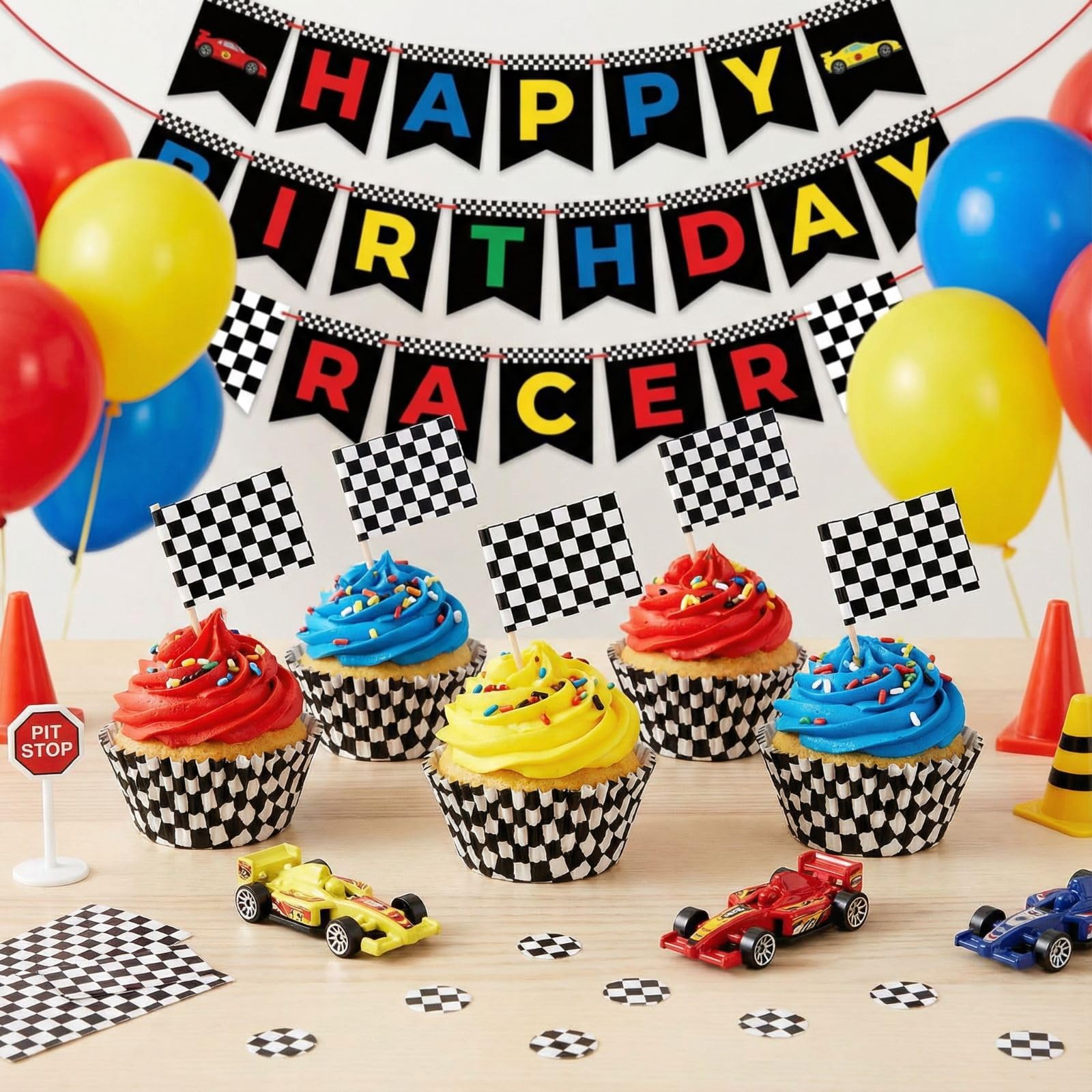 TecUnite 100 Pcs Race Car Checkered Flag Cupcake Wrappers Liners and 100 Pcs Cupcake Toppers Race Car Party Cake Decoration for Racing Checkered Theme