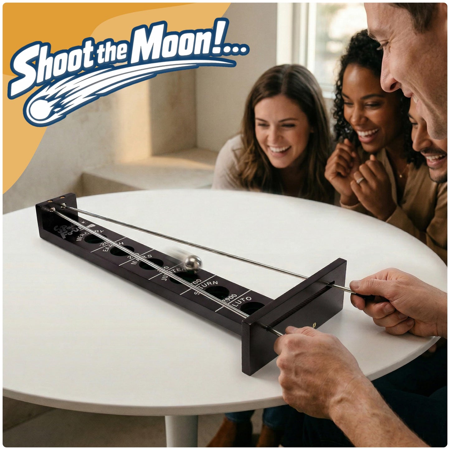 WE Games Shoot the Moon Game, Large 18 inches, Black Stained Solid Wood Board with Metal Ball and Rods, Retro Balancing Game for Family and Bar
