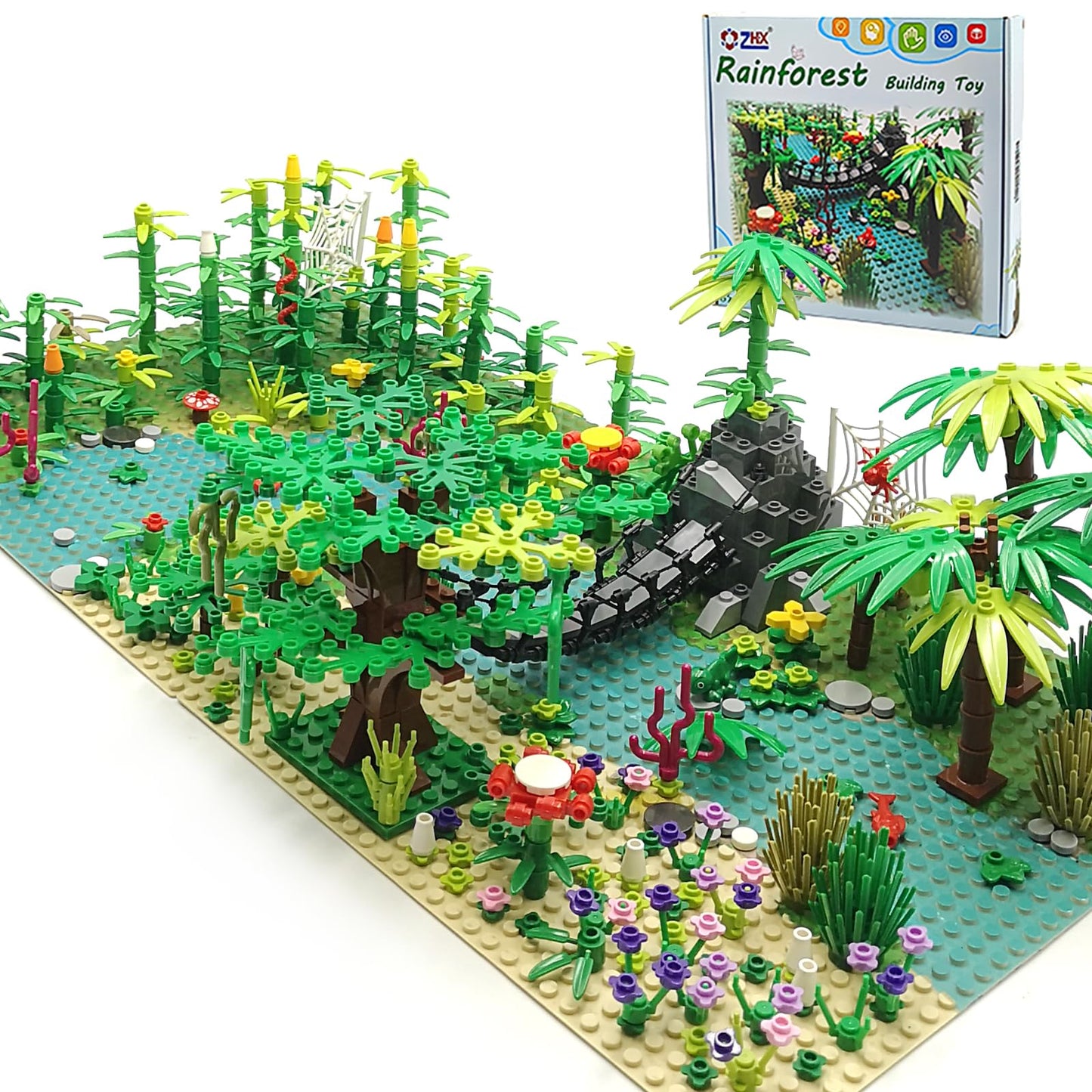 ZHX Rainforest Jungle Bridge Building Block Toys with 2pcs Baseplates(10x10 inches Each) Garden Bricks Accessories Bush Flowers Animals Coconut Trees