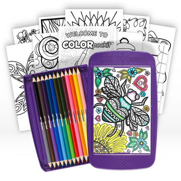 Colorpockit Coloring Kit Travel Art Set with Colored Pencils, 4x6 Coloring Cards, Built in Sharpener, Mess Free Trip Activities for Airplanes or Car