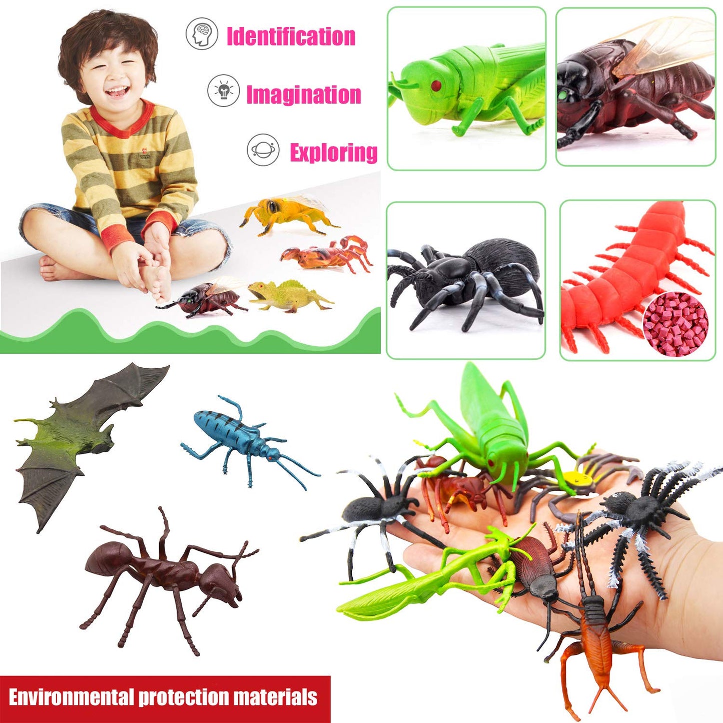 PINOWU 27pcs Bug Toy Figures Playset for Kids Boys, 2-6' Fake Insects - Spiders, Cockroaches, Scorpions, Crickets, Lady Bugs, Butterflies and Worms